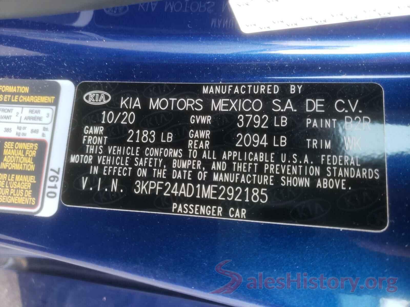 3KPF24AD1ME292185 2021 KIA FORTE