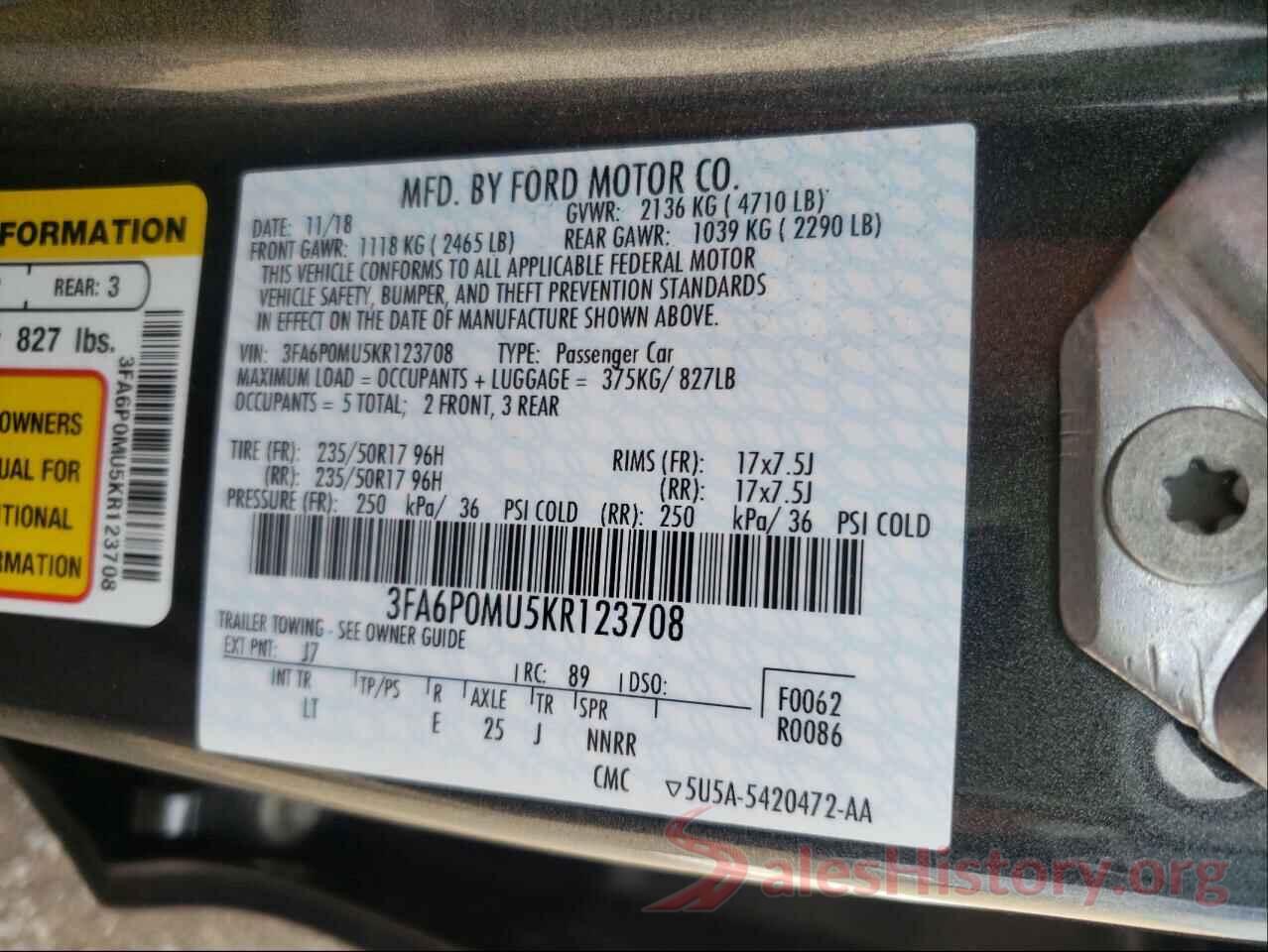 3FA6P0MU5KR123708 2019 FORD FUSION