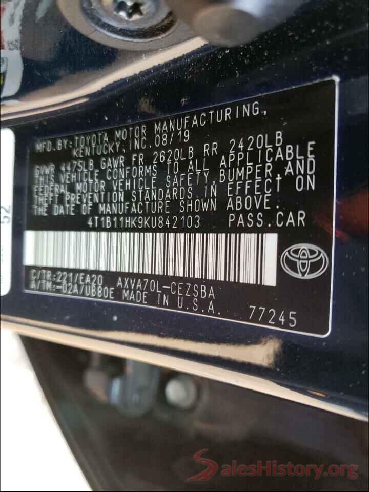 4T1B11HK9KU842103 2019 TOYOTA CAMRY