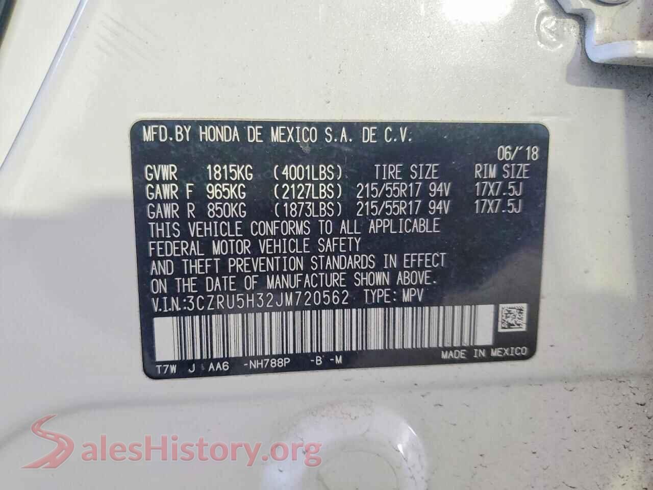 2018 HONDA HR-V VIN 3CZRU5H32JM720562, trunk area