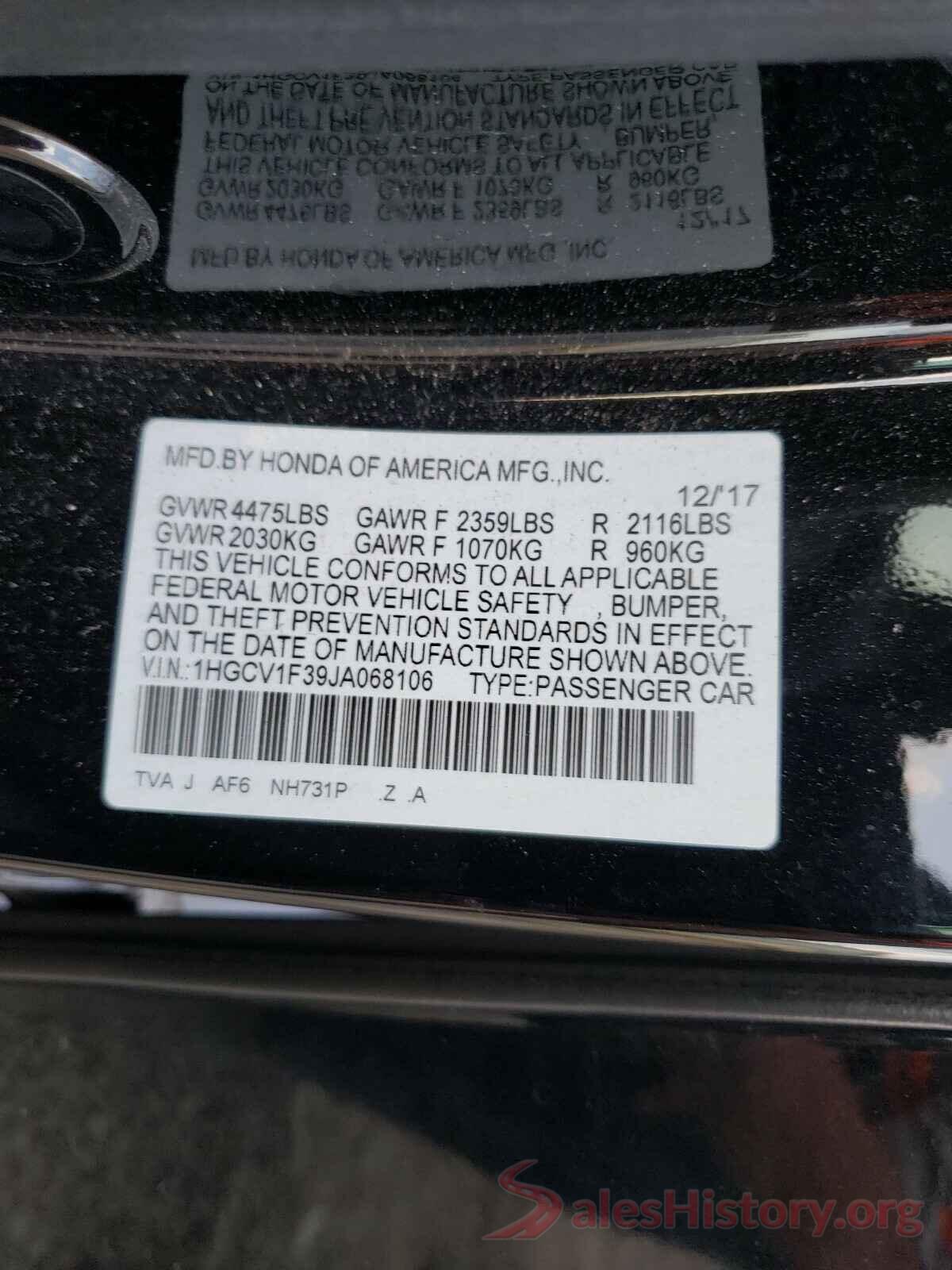 1HGCV1F39JA068106 2018 HONDA ACCORD