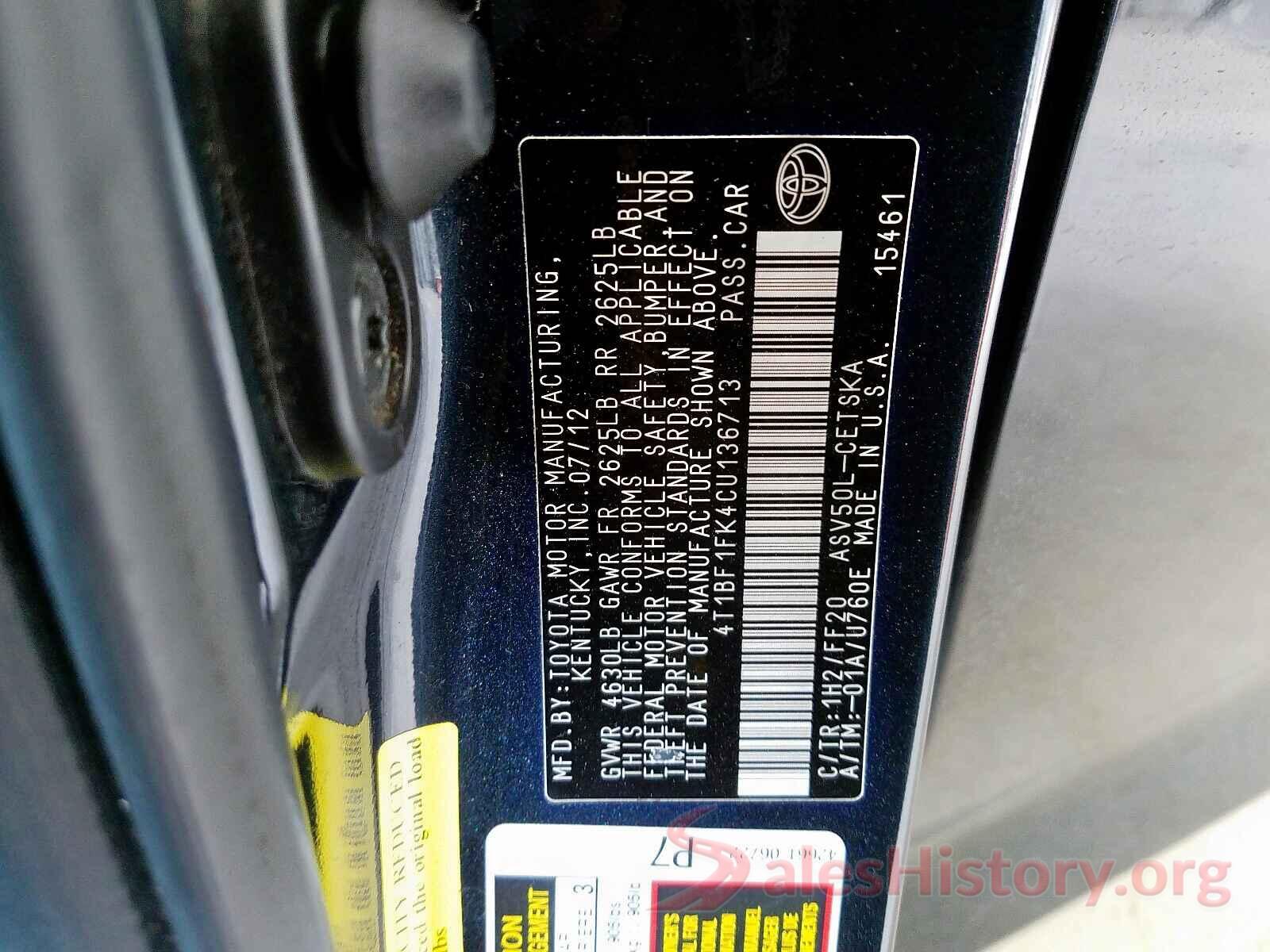 4T1BF1FK4CU136713 2012 TOYOTA CAMRY BASE