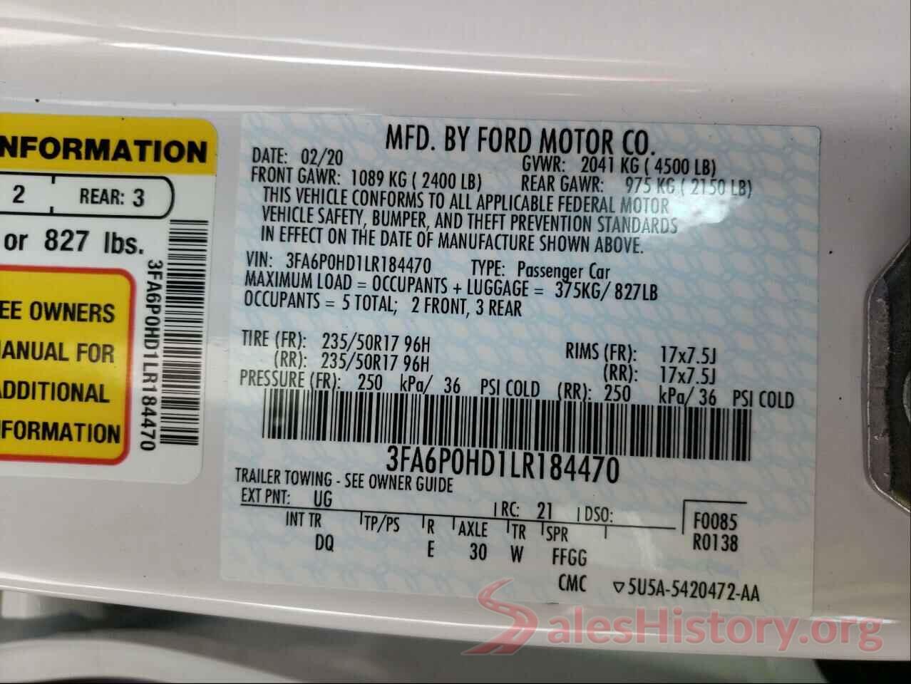 3FA6P0HD1LR184470 2020 FORD FUSION