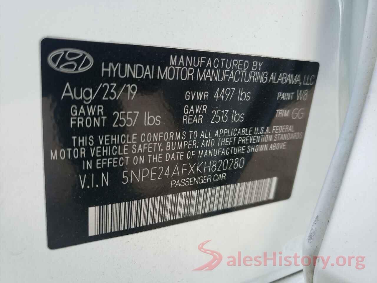 5NPE24AFXKH820280 2019 HYUNDAI SONATA