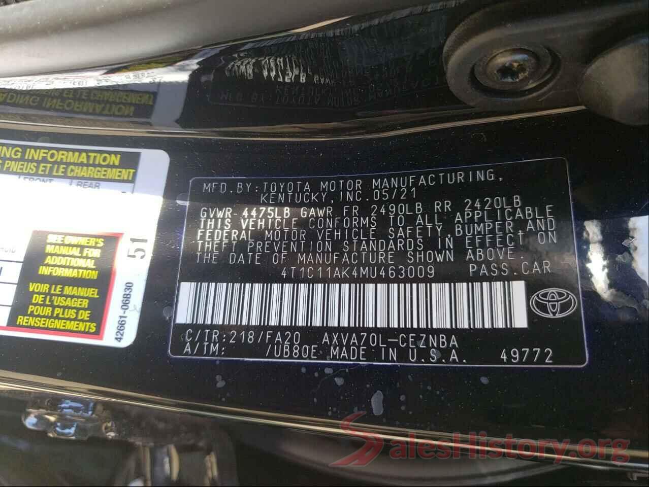 4T1C11AK4MU463009 2021 TOYOTA CAMRY