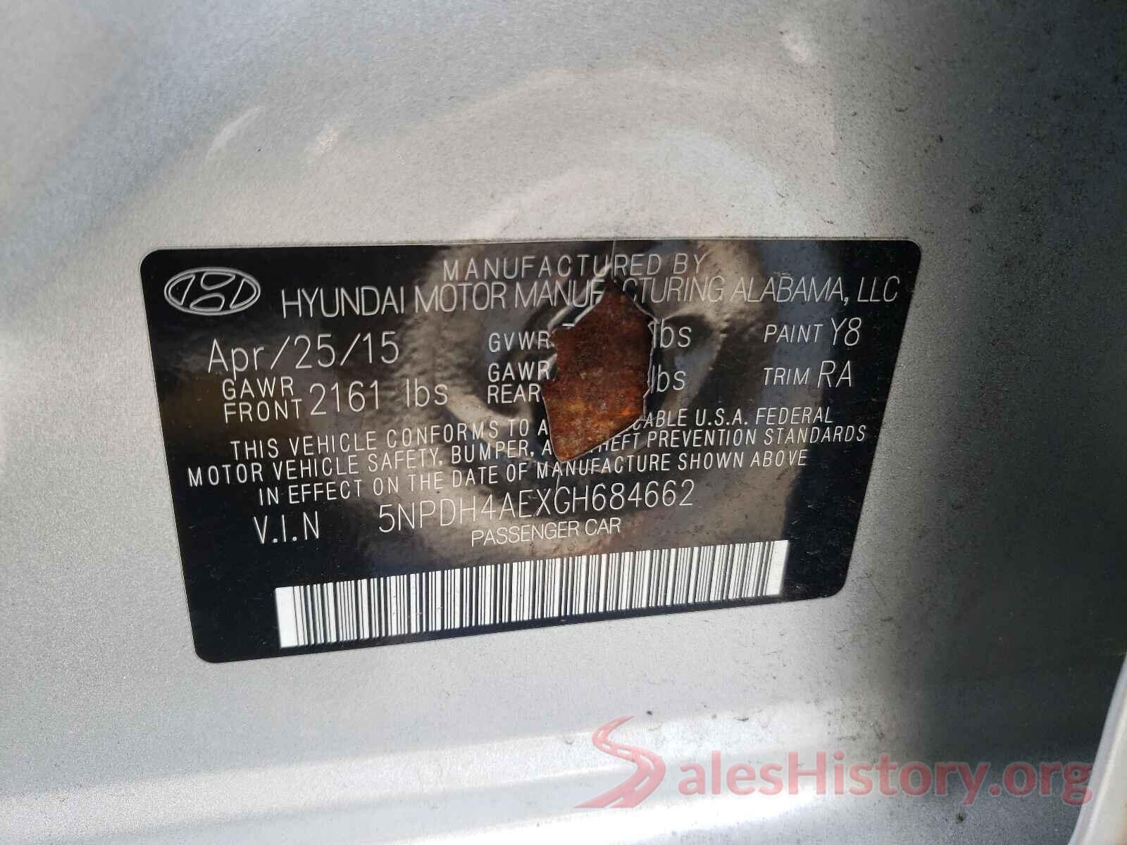 5NPDH4AEXGH684662 2016 HYUNDAI ELANTRA