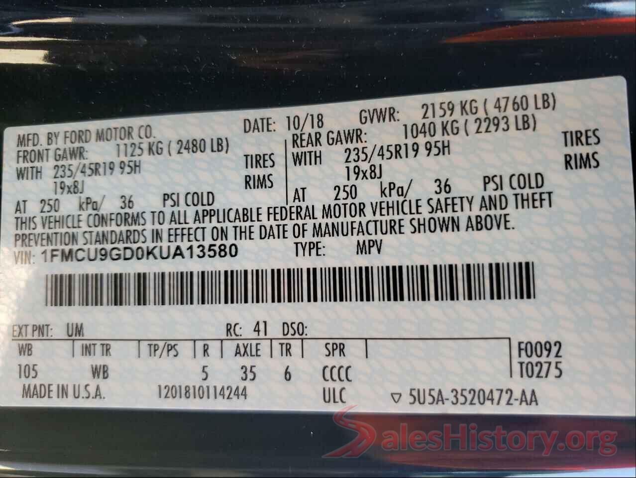 1FMCU9GD0KUA13580 2019 FORD ESCAPE