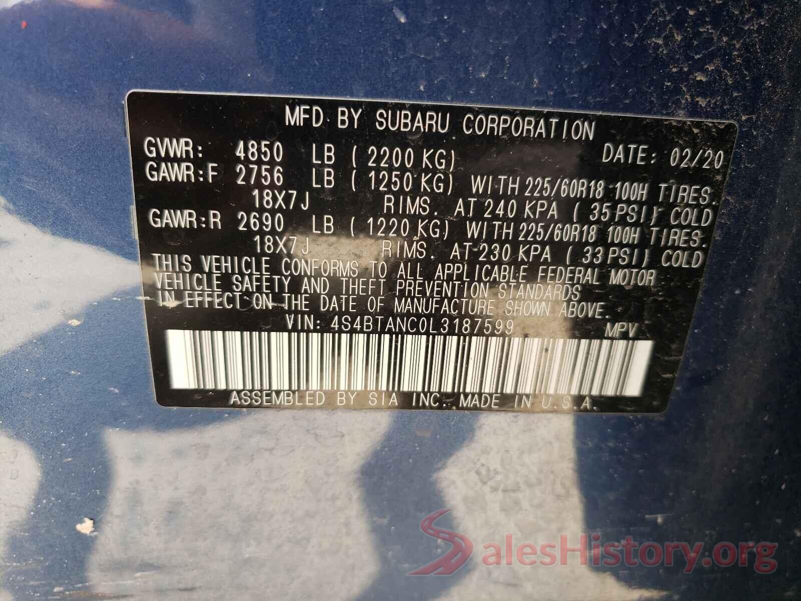 4S4BTANC0L3187599 2020 SUBARU OUTBACK