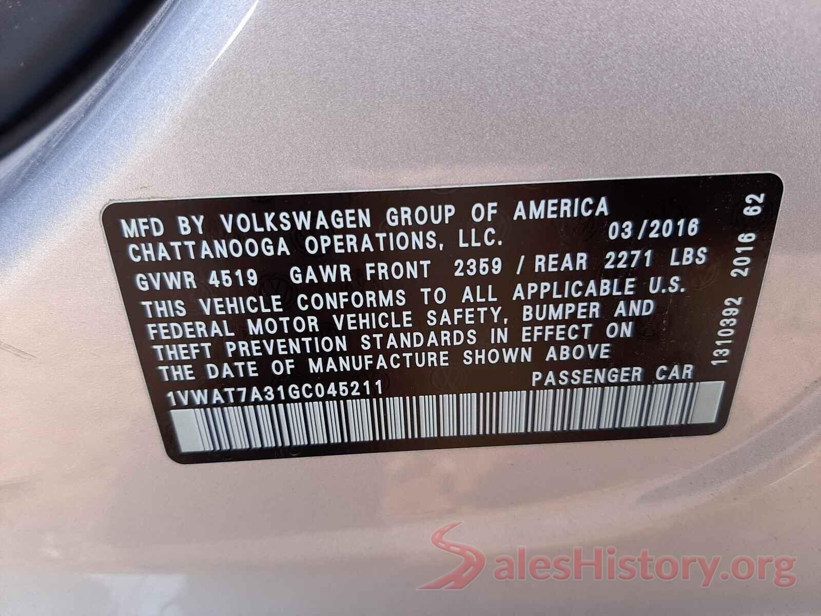 1VWAT7A31GC045211 2016 VOLKSWAGEN PASSAT