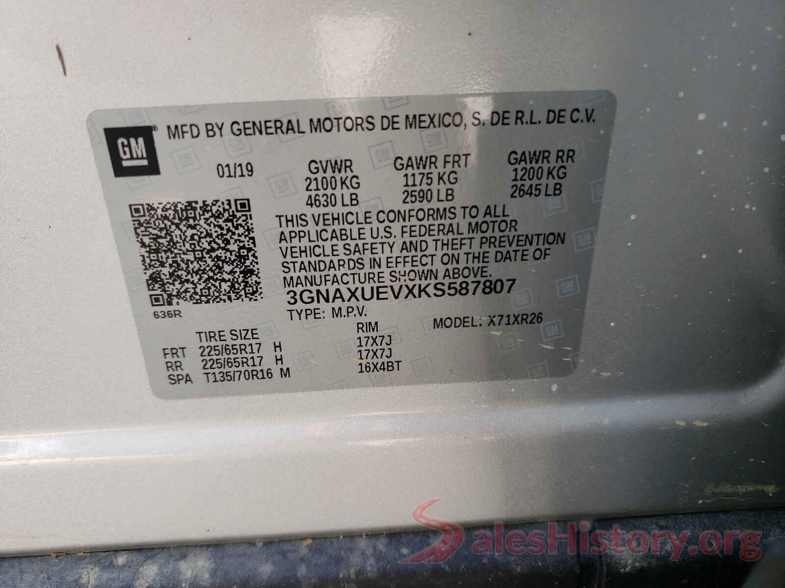 3GNAXUEVXKS587807 2019 CHEVROLET EQUINOX