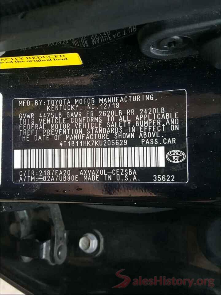 4T1B11HK7KU205629 2019 TOYOTA CAMRY