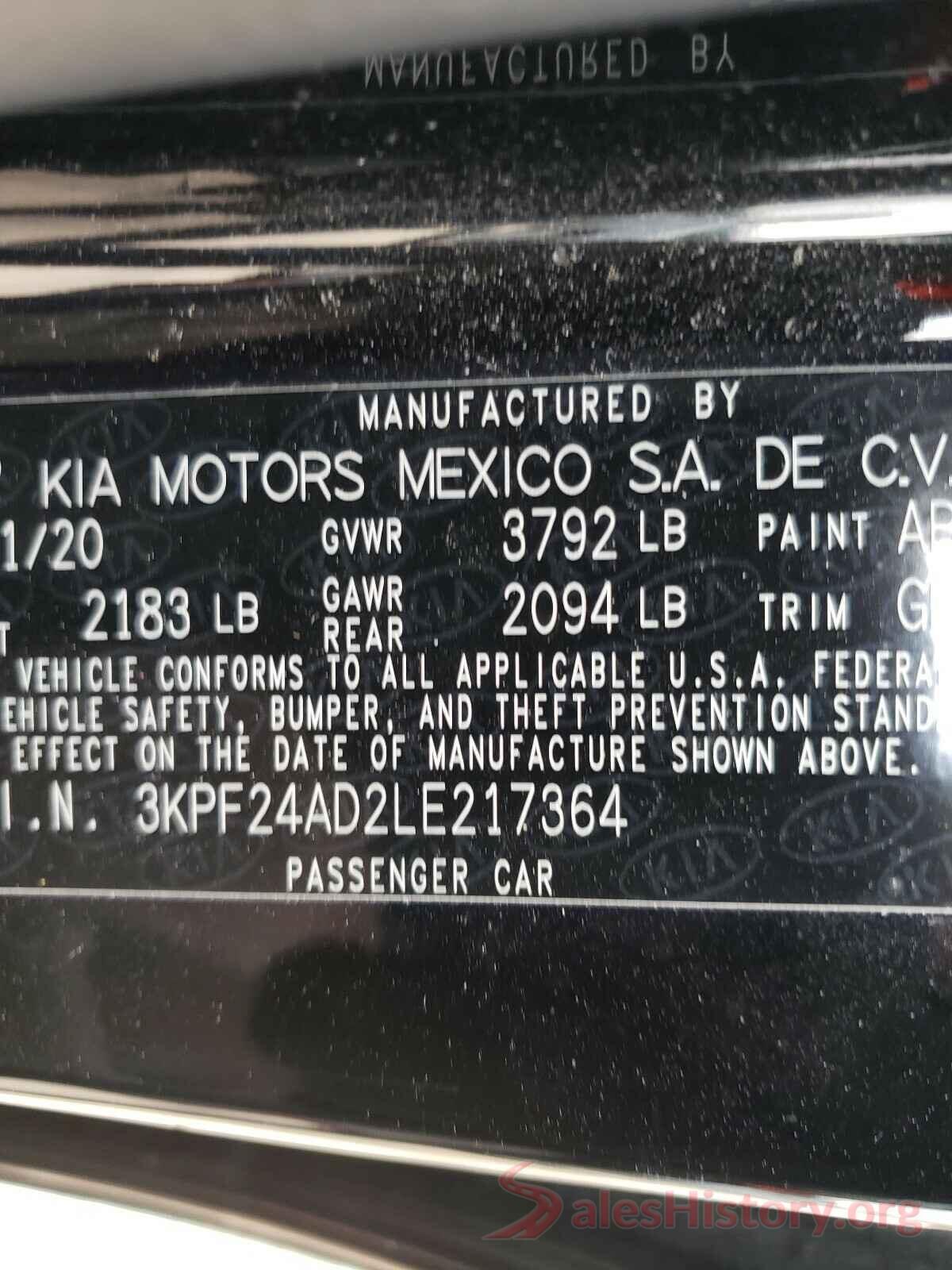 3KPF24AD2LE217364 2020 KIA FORTE