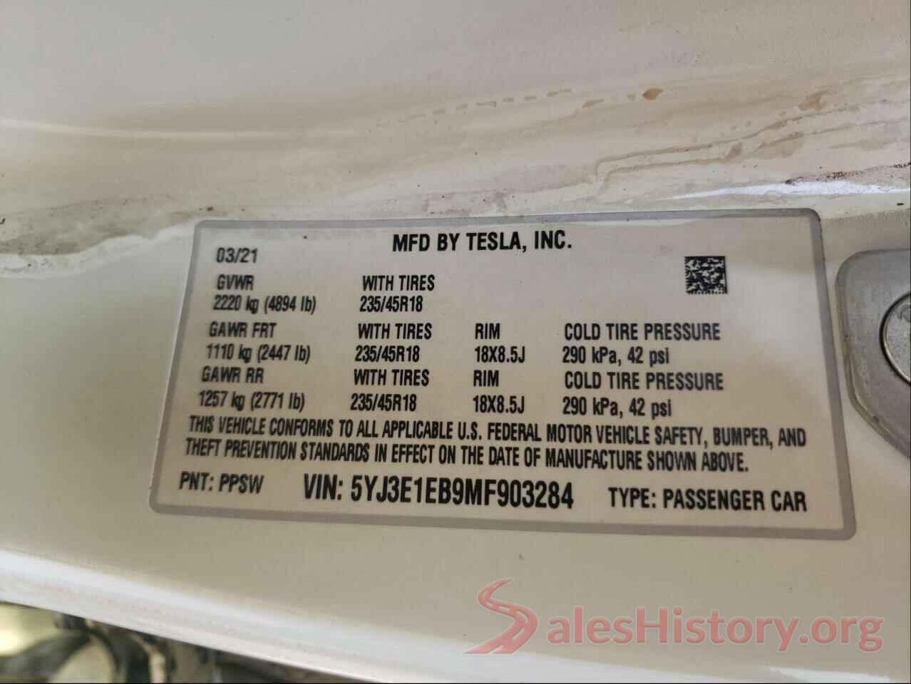 5YJ3E1EB9MF903284 2021 TESLA MODEL 3