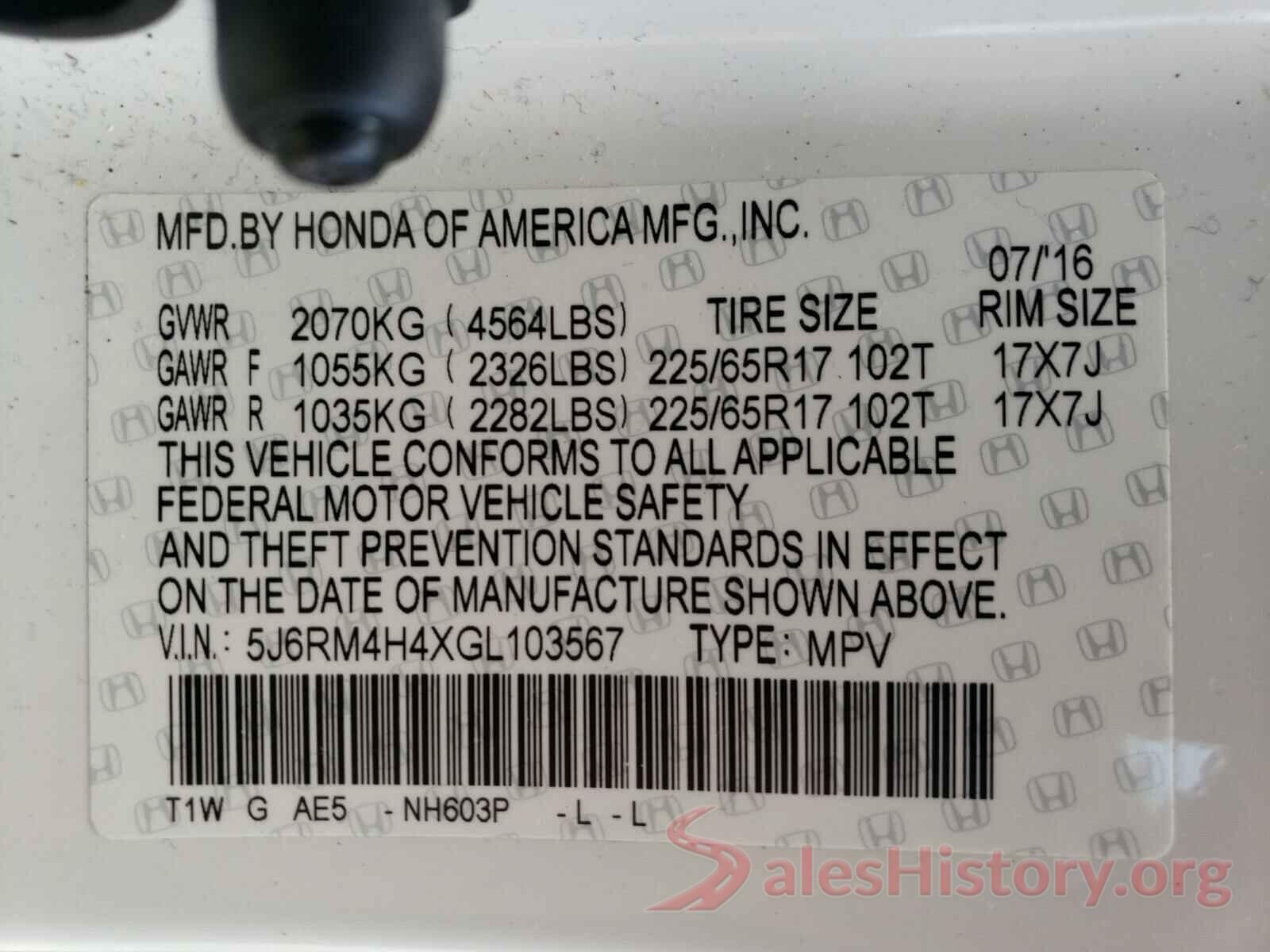 5J6RM4H4XGL103567 2016 HONDA CRV