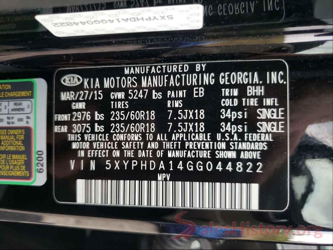 5XYPHDA14GG044822 2016 KIA SORENTO