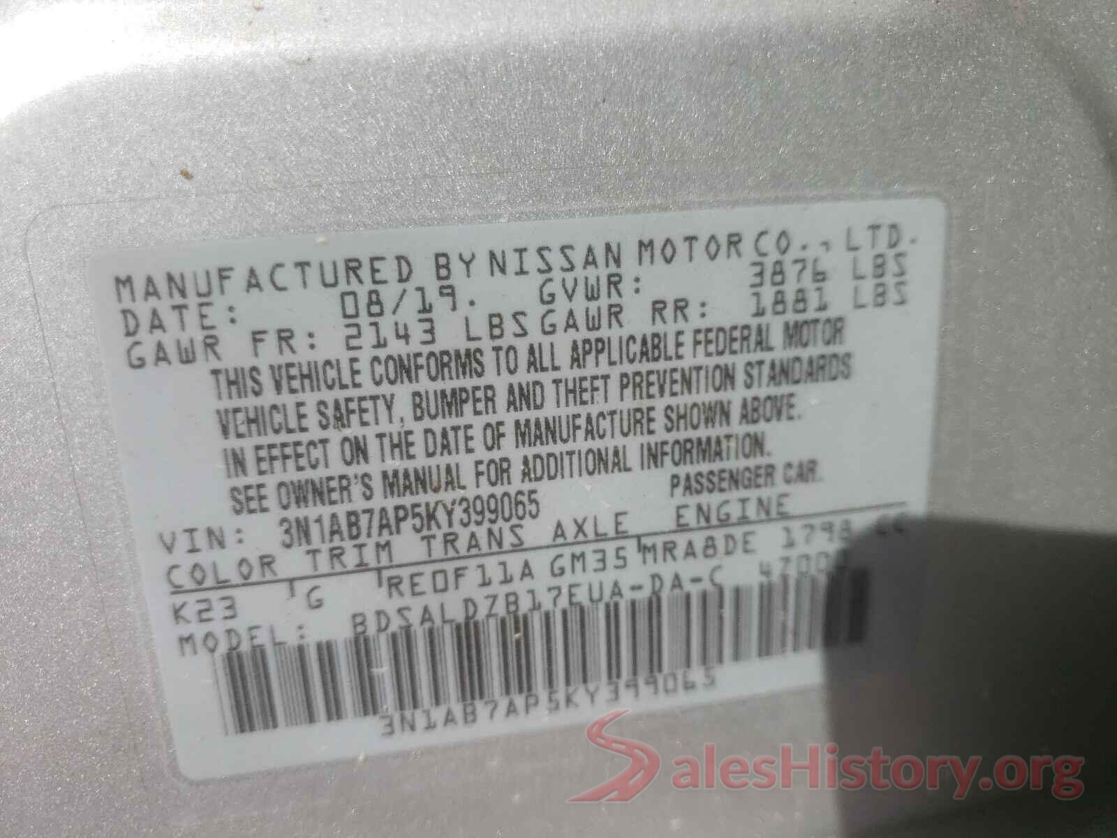 3N1AB7AP5KY399065 2019 NISSAN SENTRA