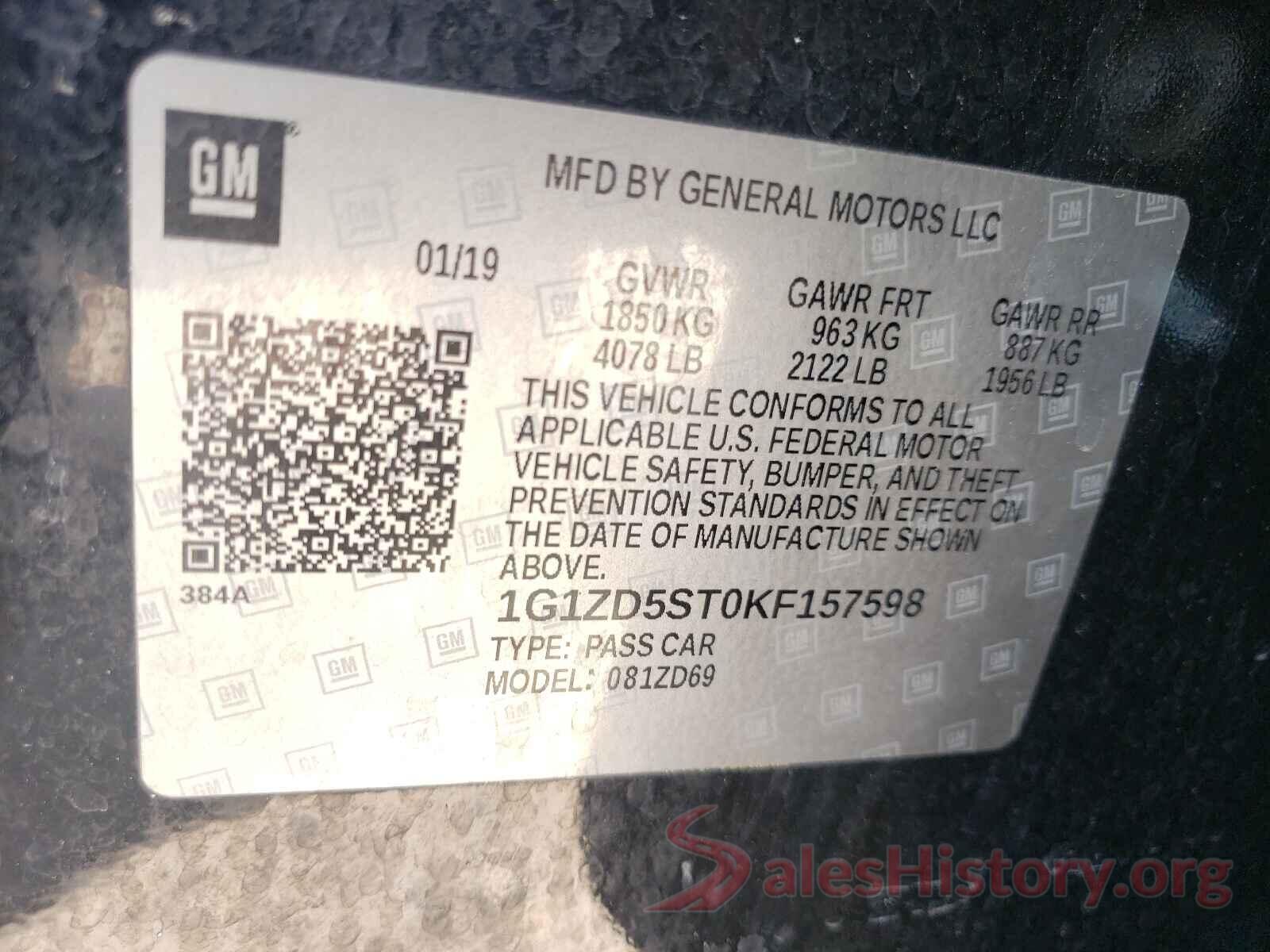 1G1ZD5ST0KF157598 2019 CHEVROLET MALIBU