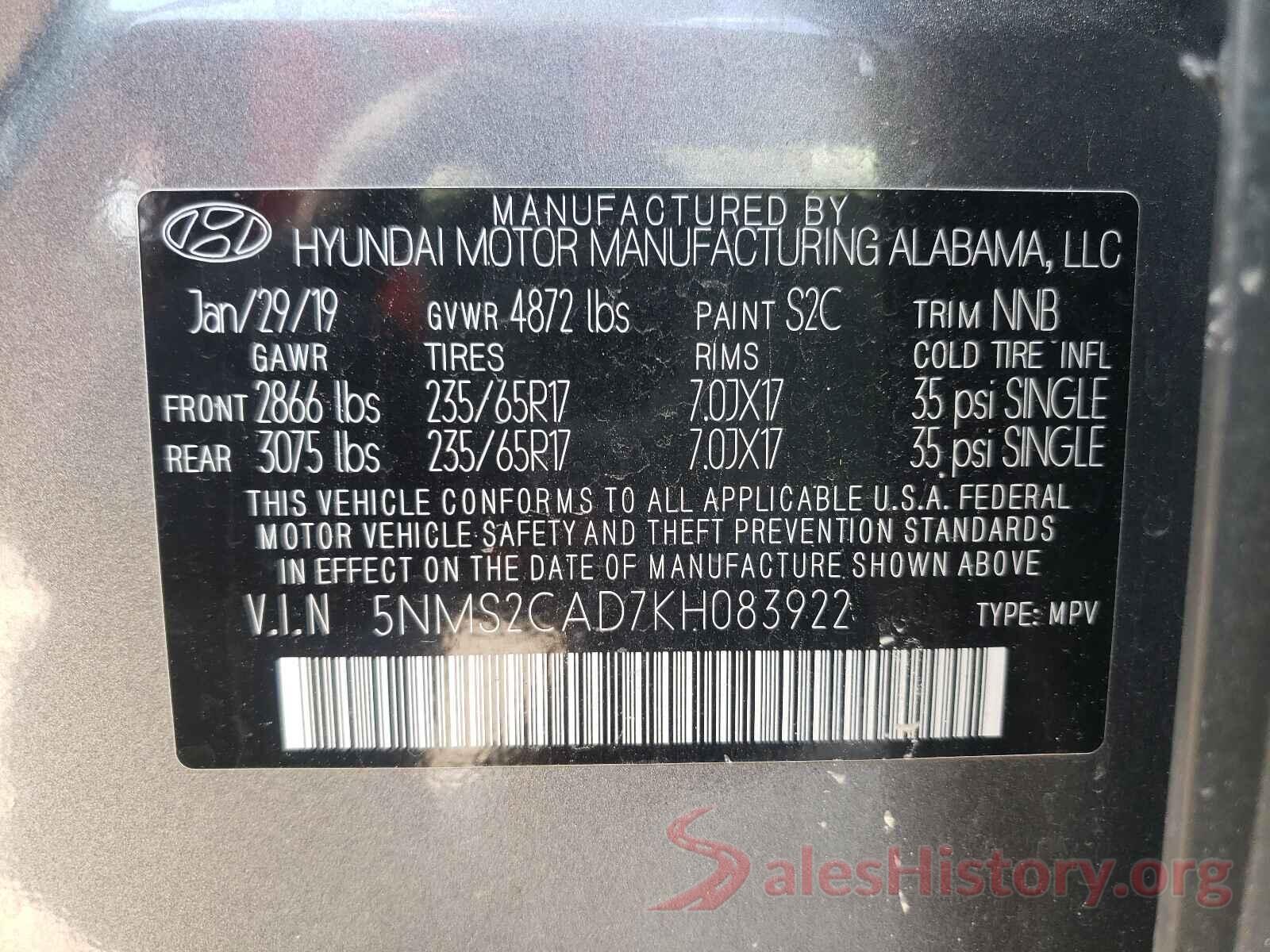 5NMS2CAD7KH083922 2019 HYUNDAI SANTA FE