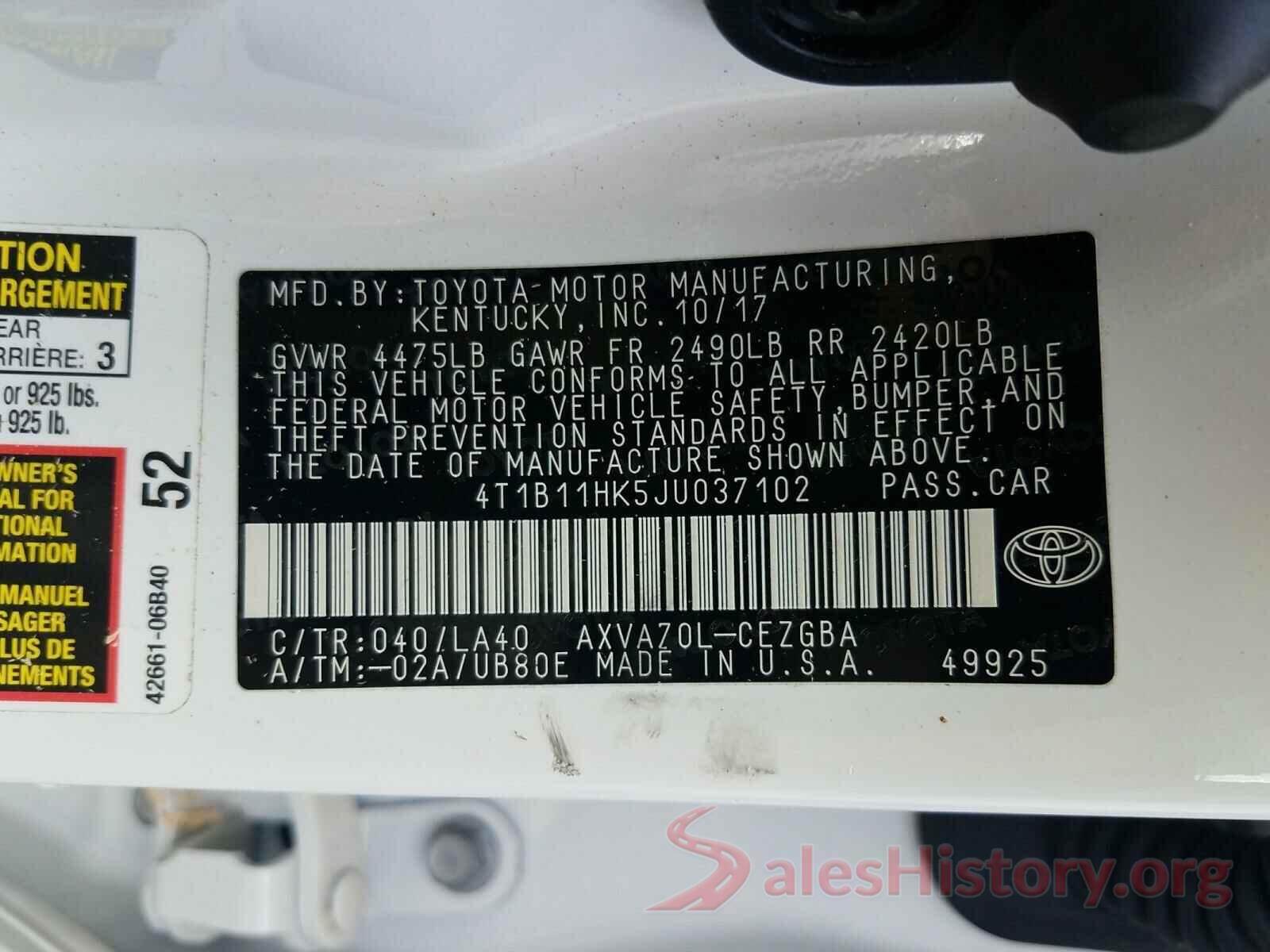 4T1B11HK5JU037102 2018 TOYOTA CAMRY