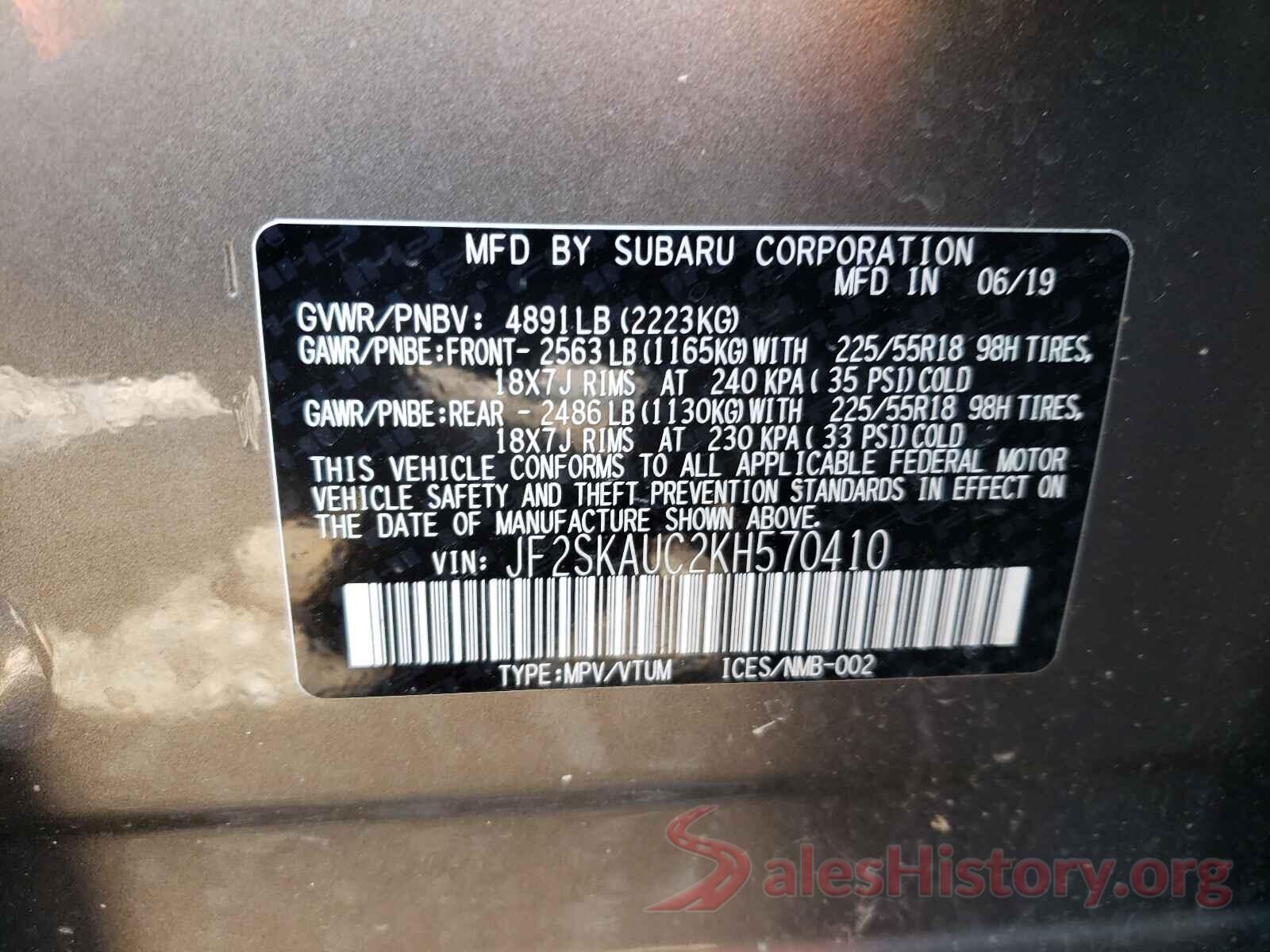 JF2SKAUC2KH570410 2019 SUBARU FORESTER