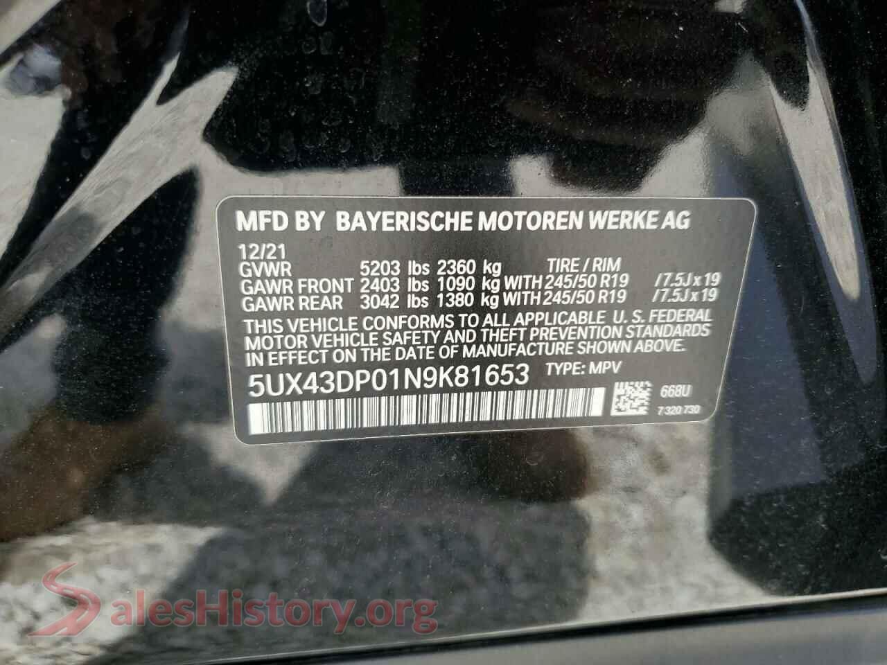 2022 BMW X3 VIN 5UX43DP01N9K81653, odometer mileage