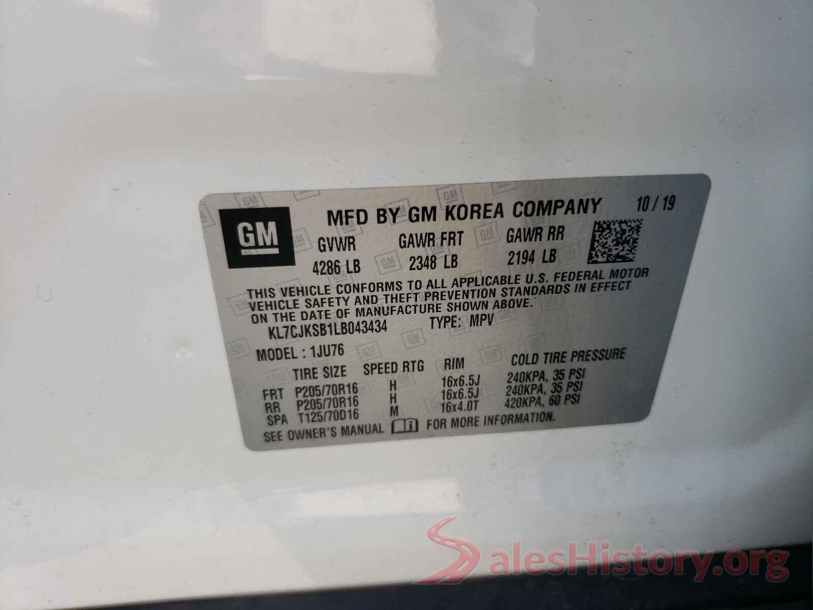 KL7CJKSB1LB043434 2020 CHEVROLET TRAX