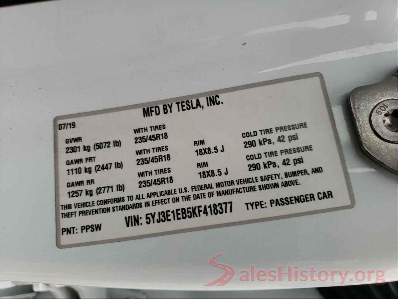 5YJ3E1EB5KF418377 2019 TESLA MODEL 3