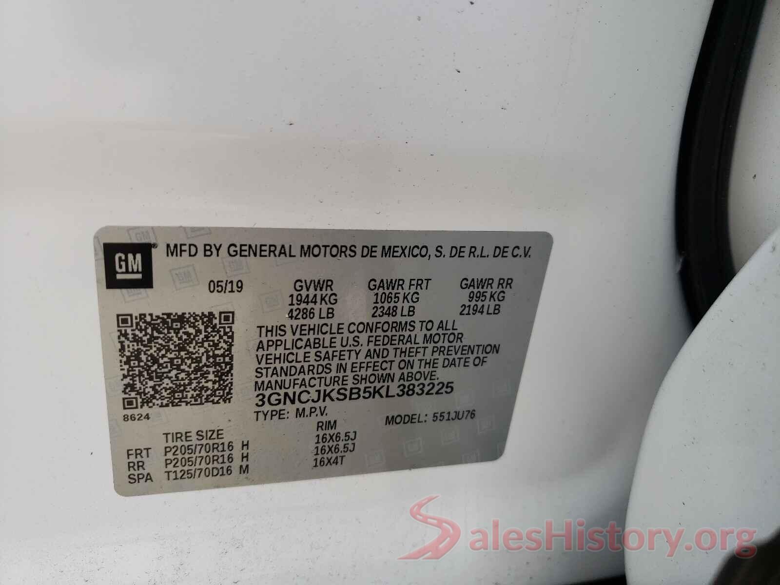 3GNCJKSB5KL383225 2019 CHEVROLET TRAX