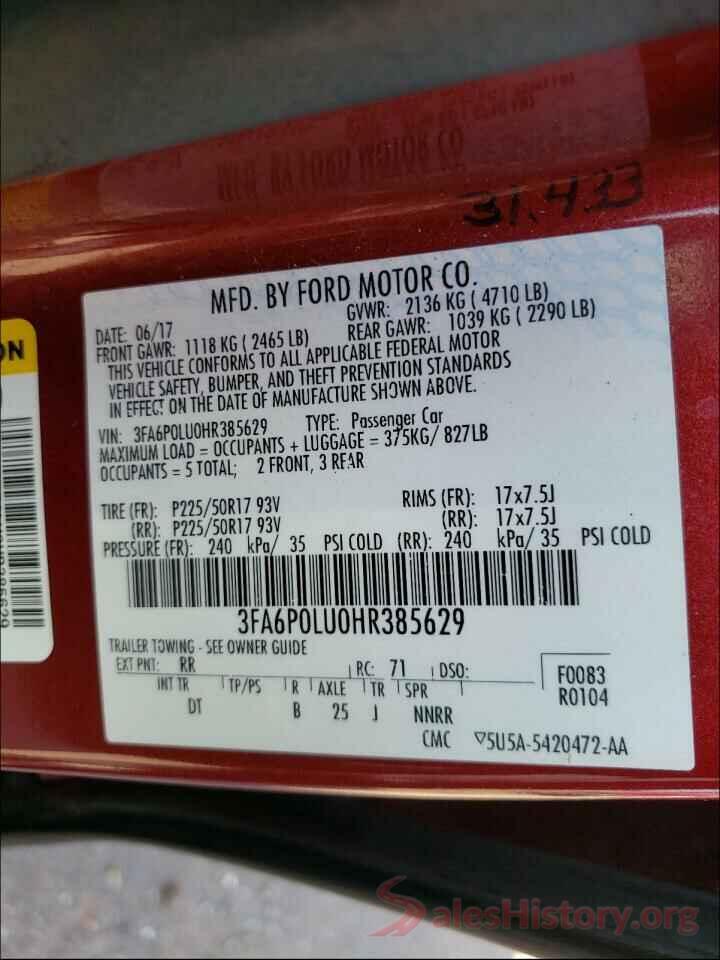 3FA6P0LU0HR385629 2017 FORD FUSION