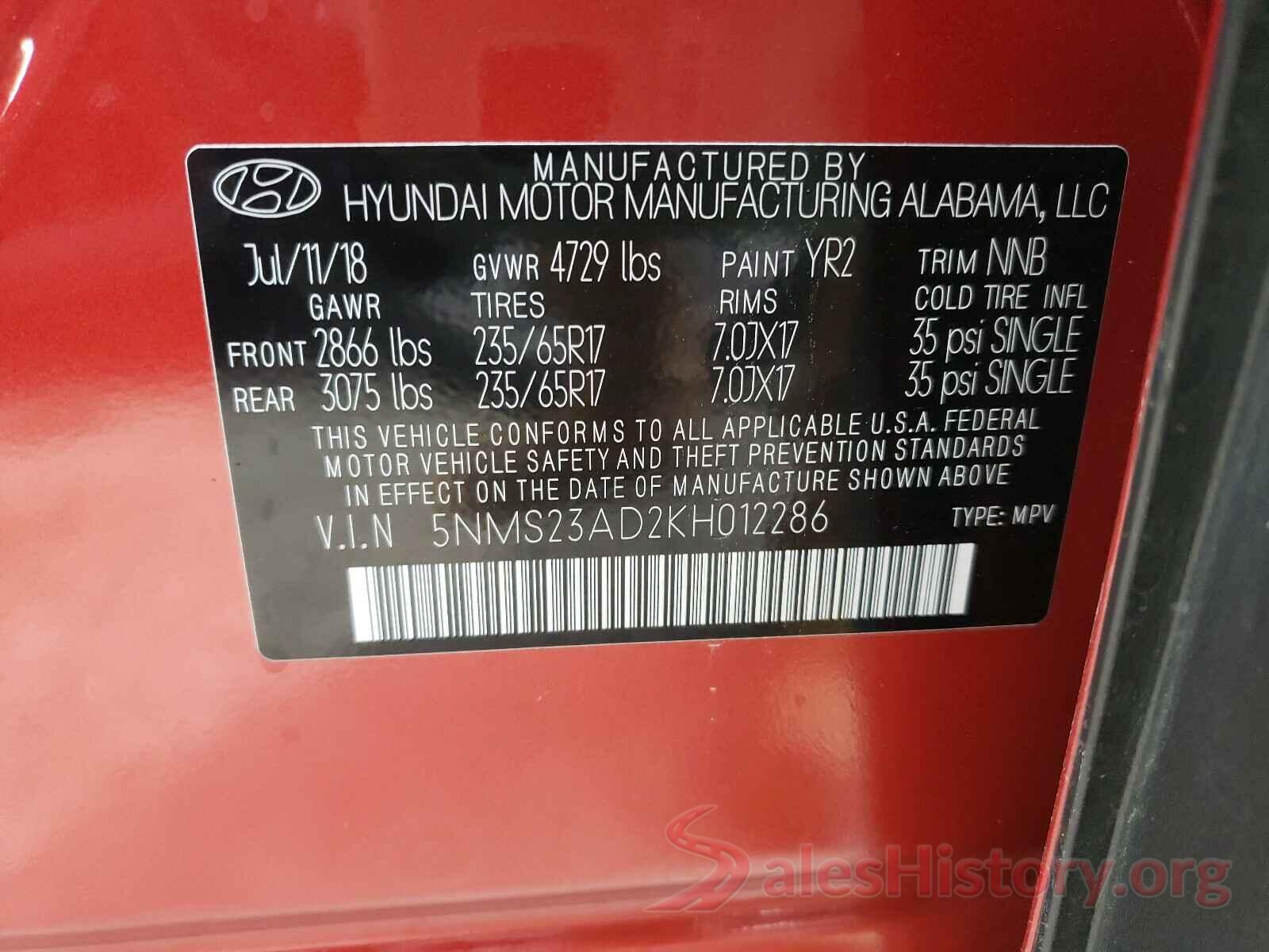 5NMS23AD2KH012286 2019 HYUNDAI SANTA FE