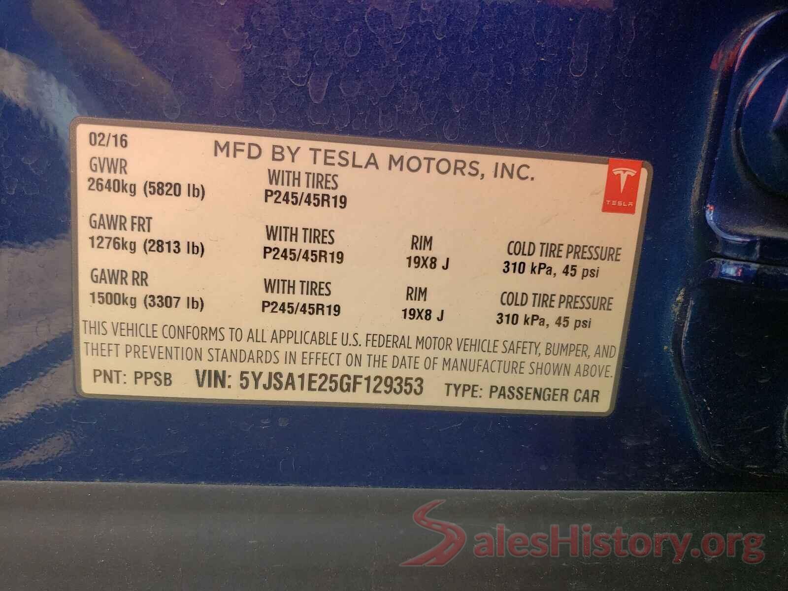 5YJSA1E25GF129353 2016 TESLA MODEL S