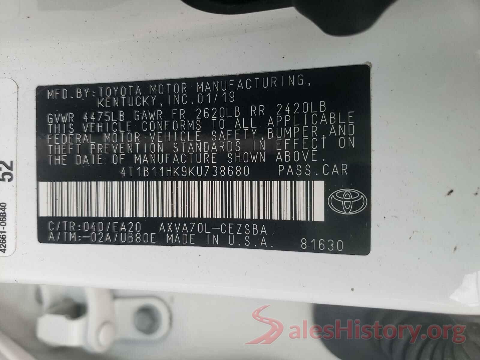 4T1B11HK9KU738680 2019 TOYOTA CAMRY