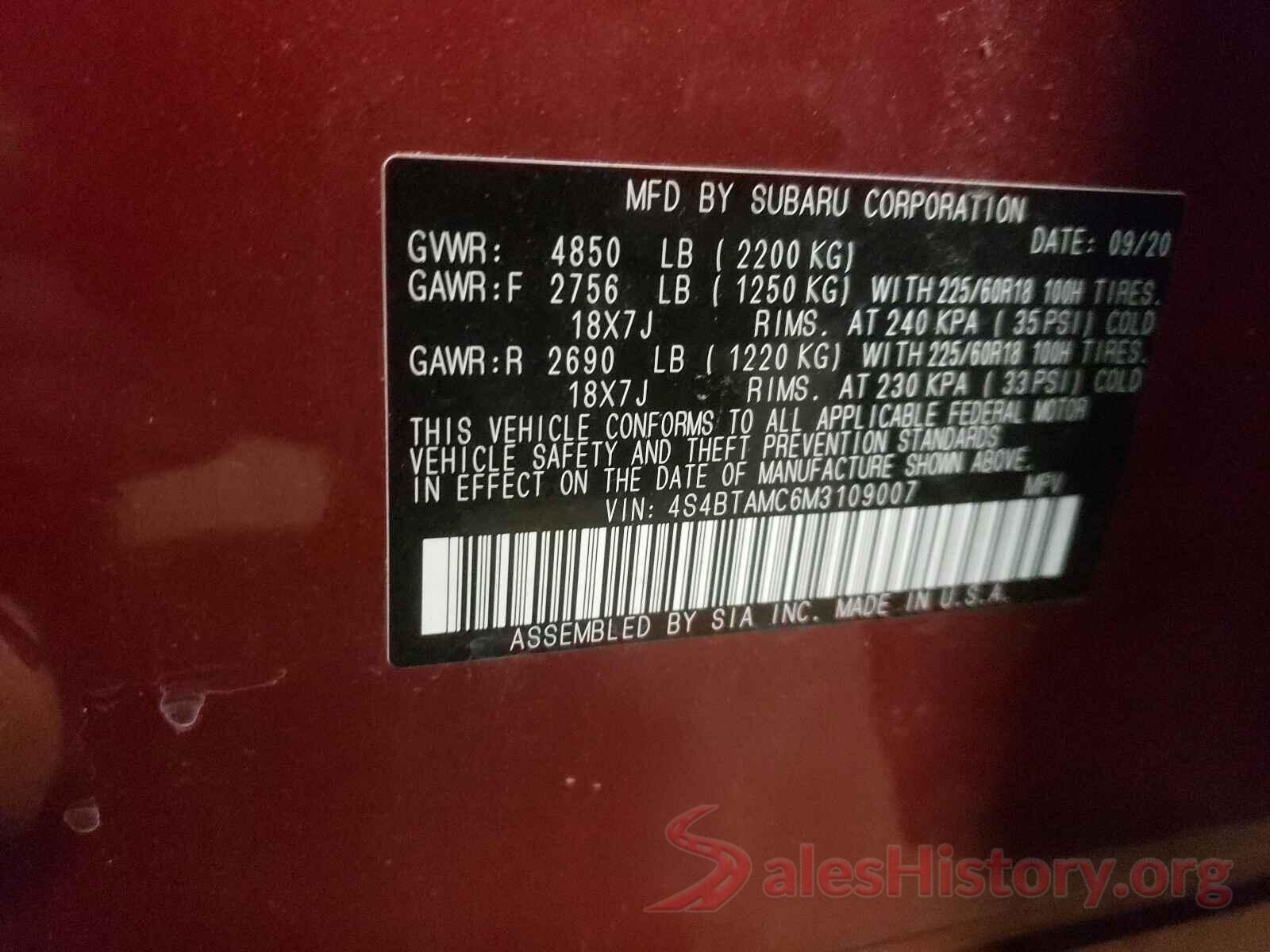 4S4BTAMC6M3109007 2021 SUBARU OUTBACK