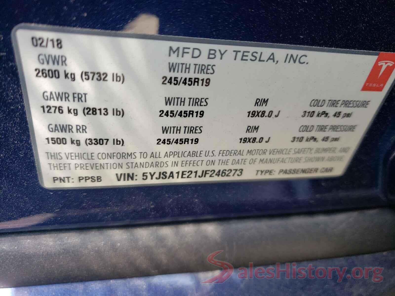 5YJSA1E21JF246273 2018 TESLA MODEL S