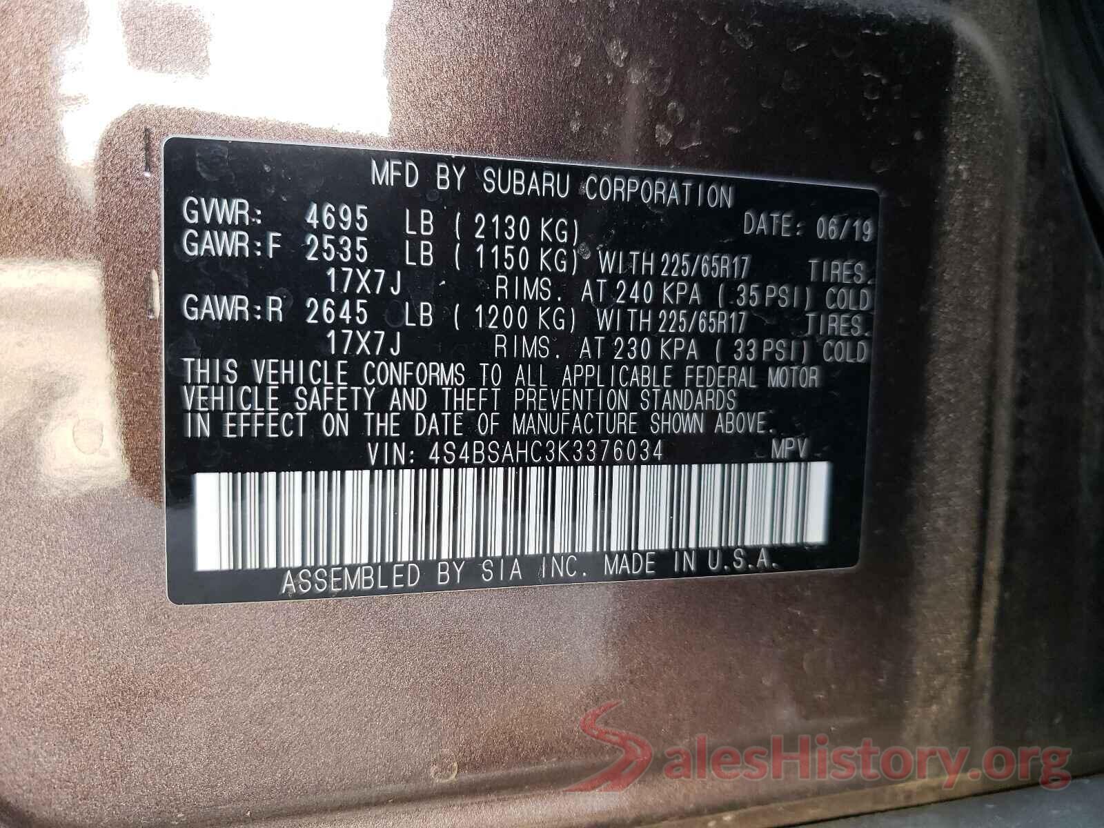 4S4BSAHC3K3376034 2019 SUBARU OUTBACK