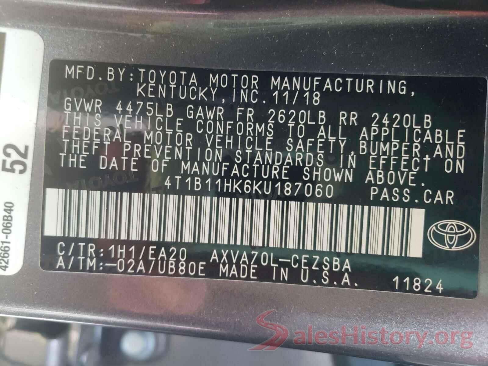 4T1B11HK6KU187060 2019 TOYOTA CAMRY