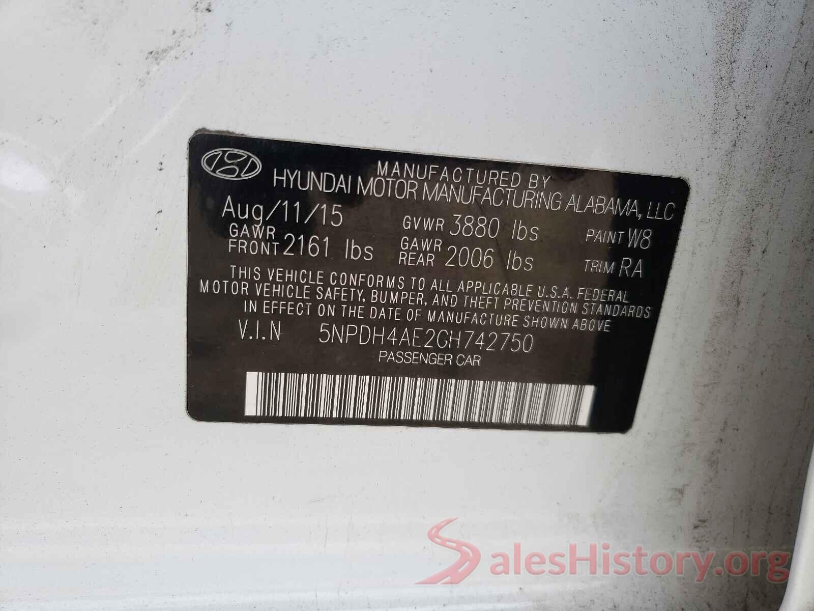 5NPDH4AE2GH742750 2016 HYUNDAI ELANTRA