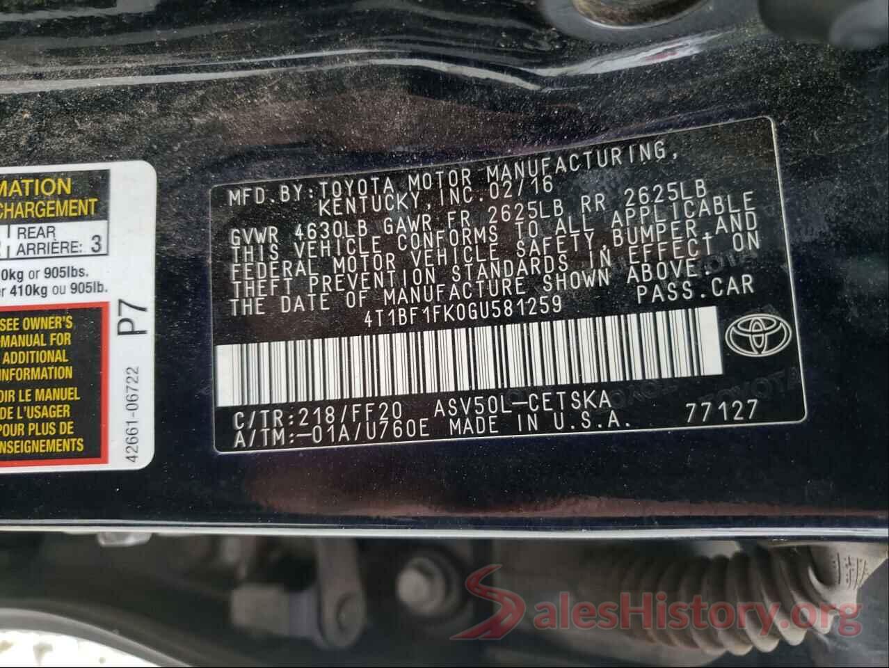 4T1BF1FK0GU581259 2016 TOYOTA CAMRY