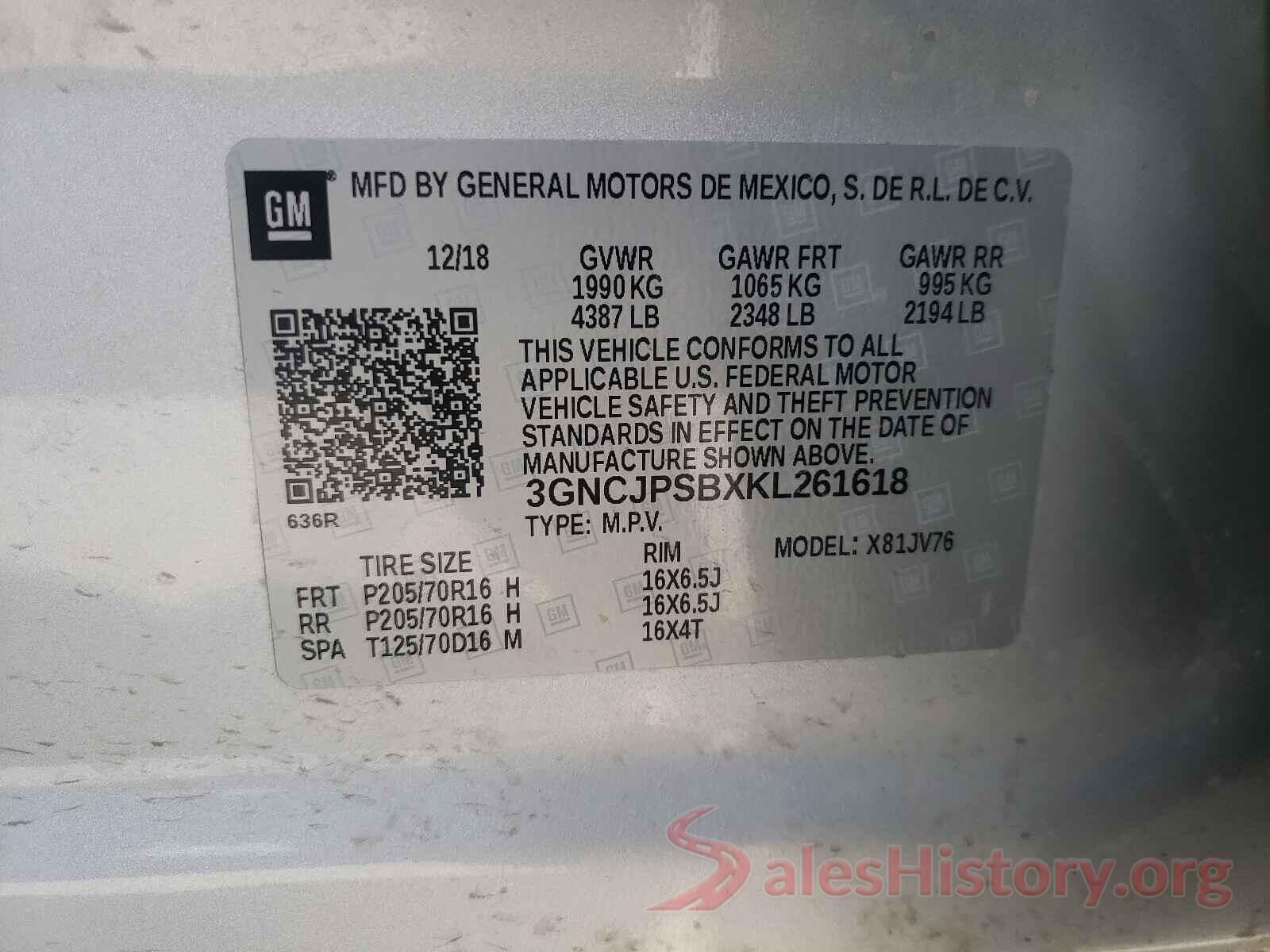 3GNCJPSBXKL261618 2019 CHEVROLET TRAX