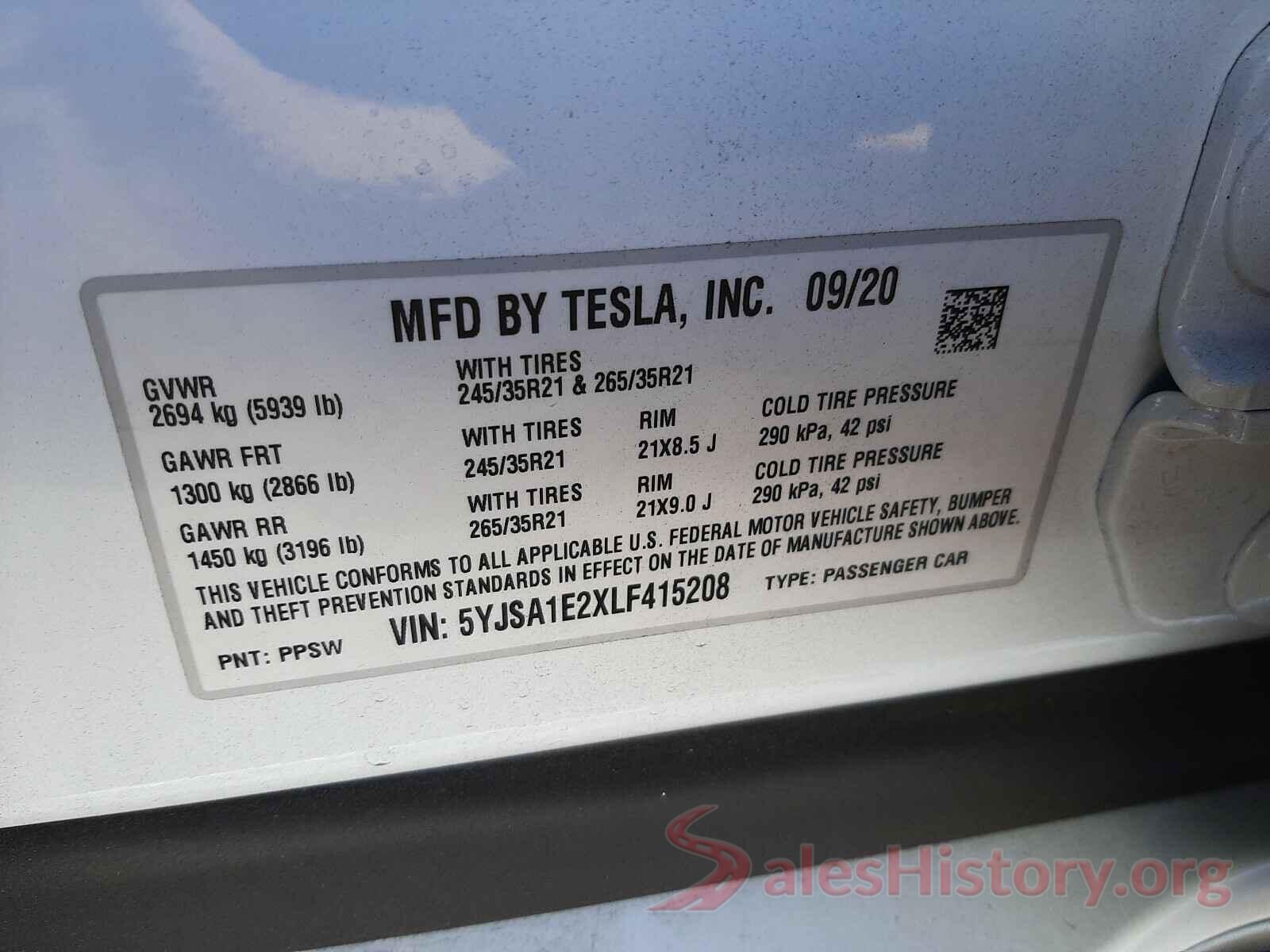 5YJSA1E2XLF415208 2020 TESLA MODEL S