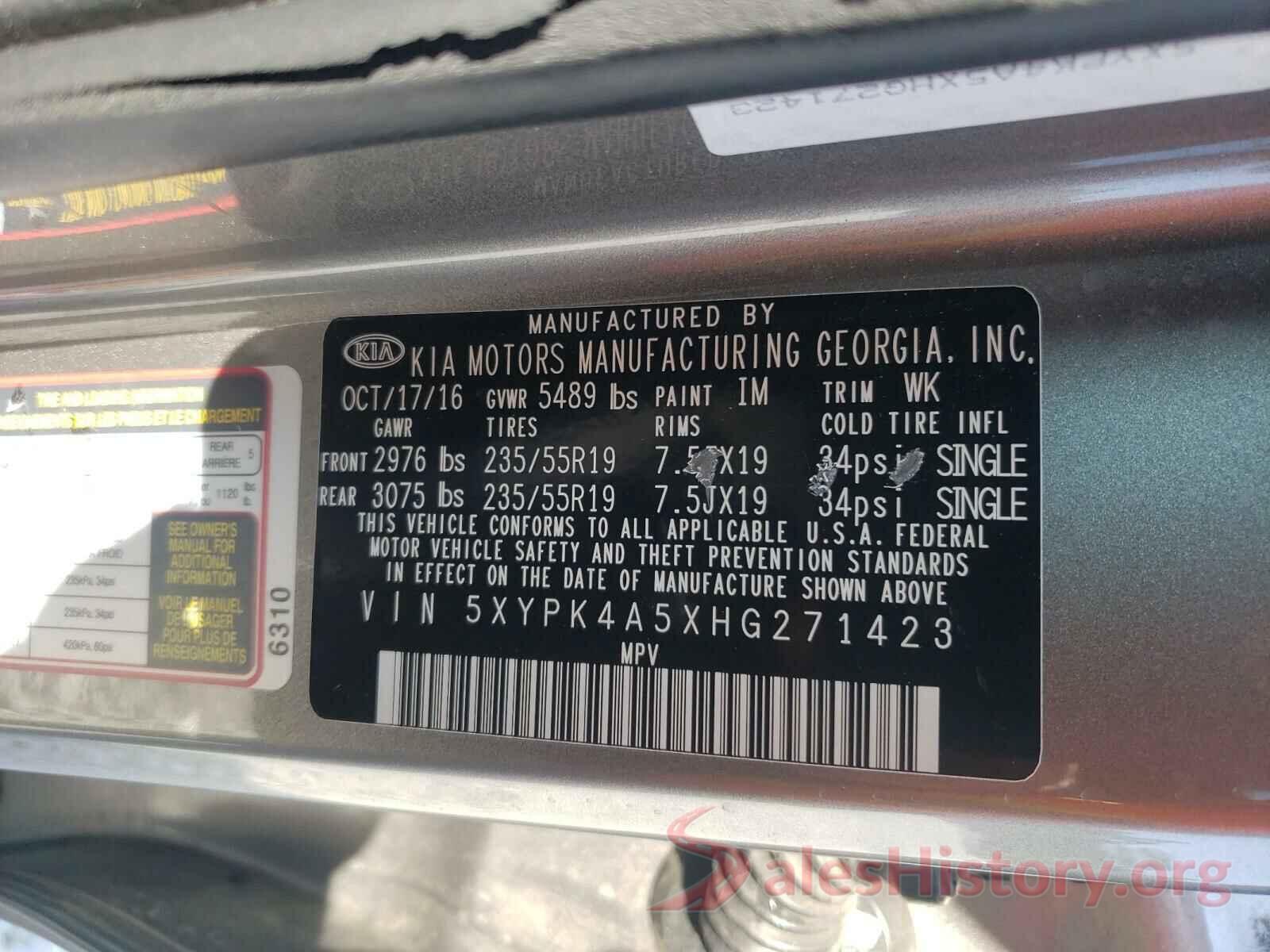 5XYPK4A5XHG271423 2017 KIA SORENTO