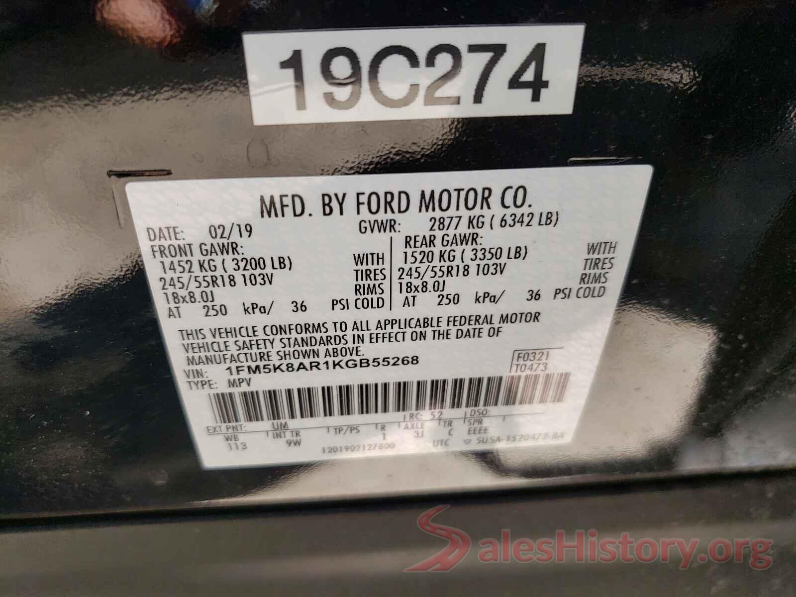 1FM5K8AR1KGB55268 2019 FORD EXPLORER