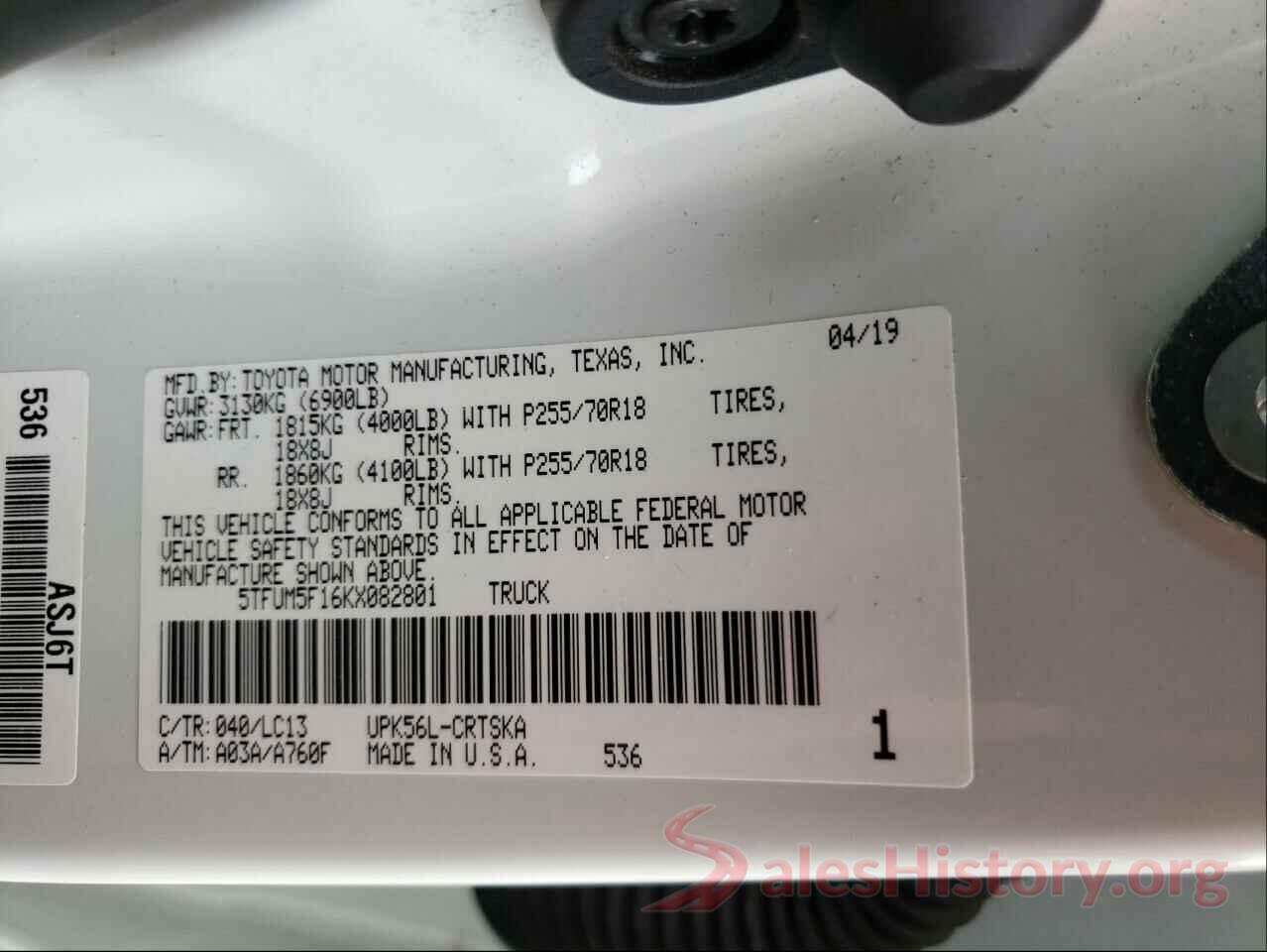 5TFUM5F16KX082801 2019 TOYOTA TUNDRA