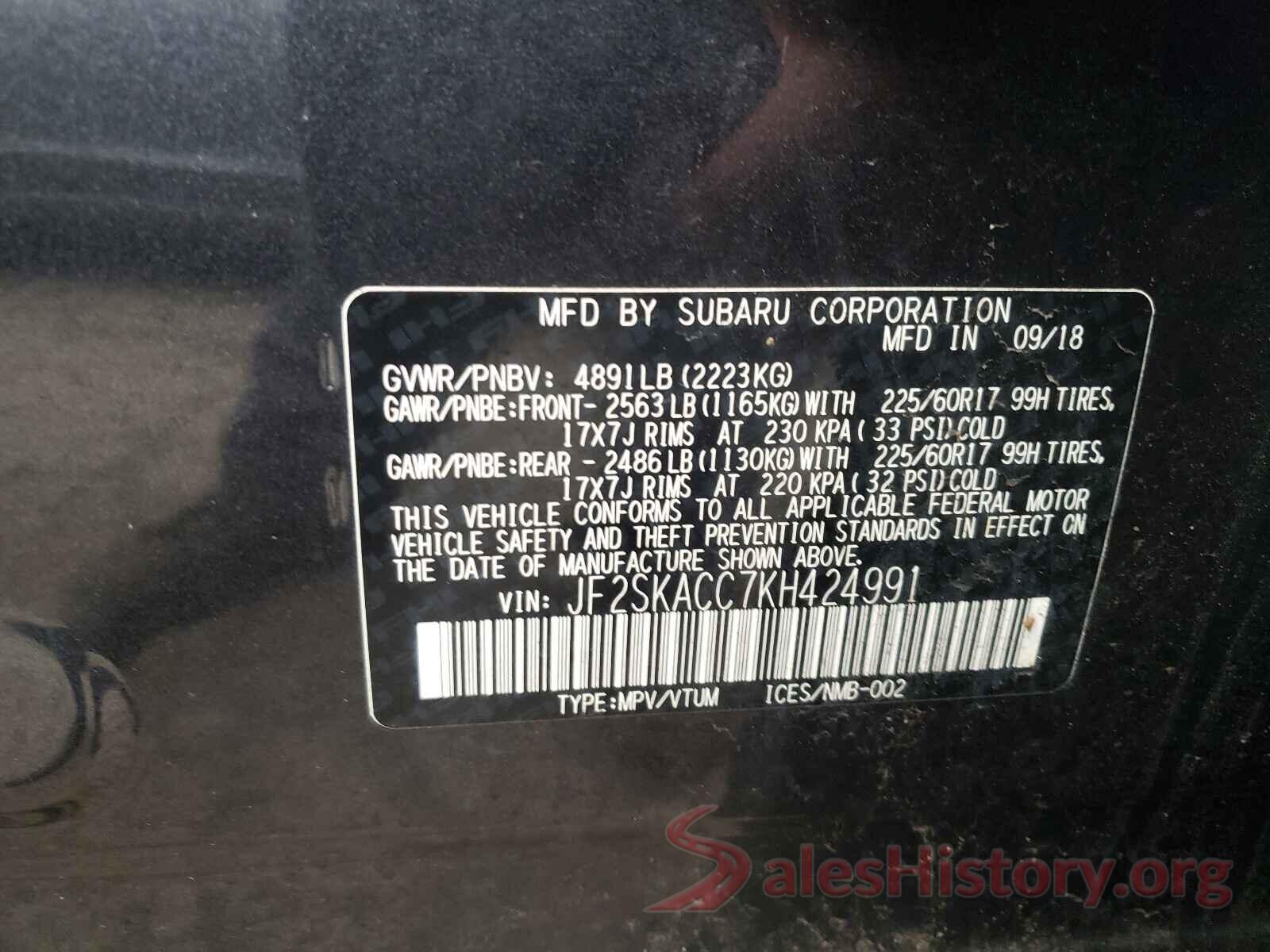 JF2SKACC7KH424991 2019 SUBARU FORESTER