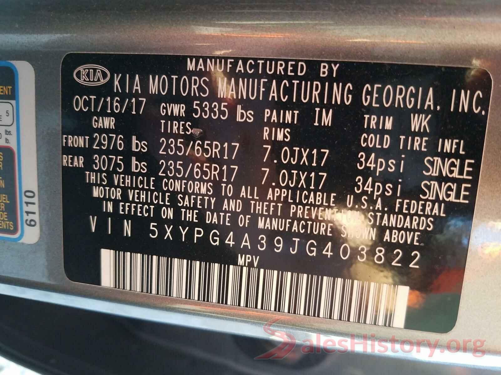 5XYPG4A39JG403822 2018 KIA SORENTO