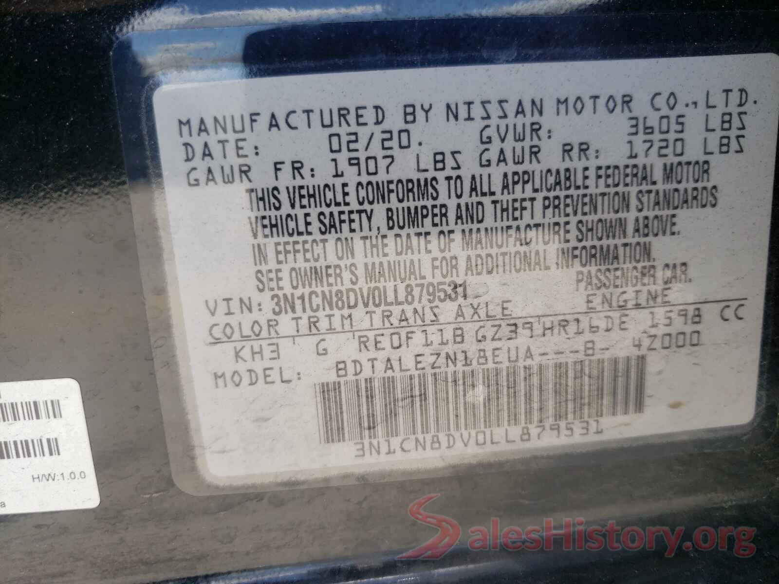 3N1CN8DV0LL879531 2020 NISSAN VERSA