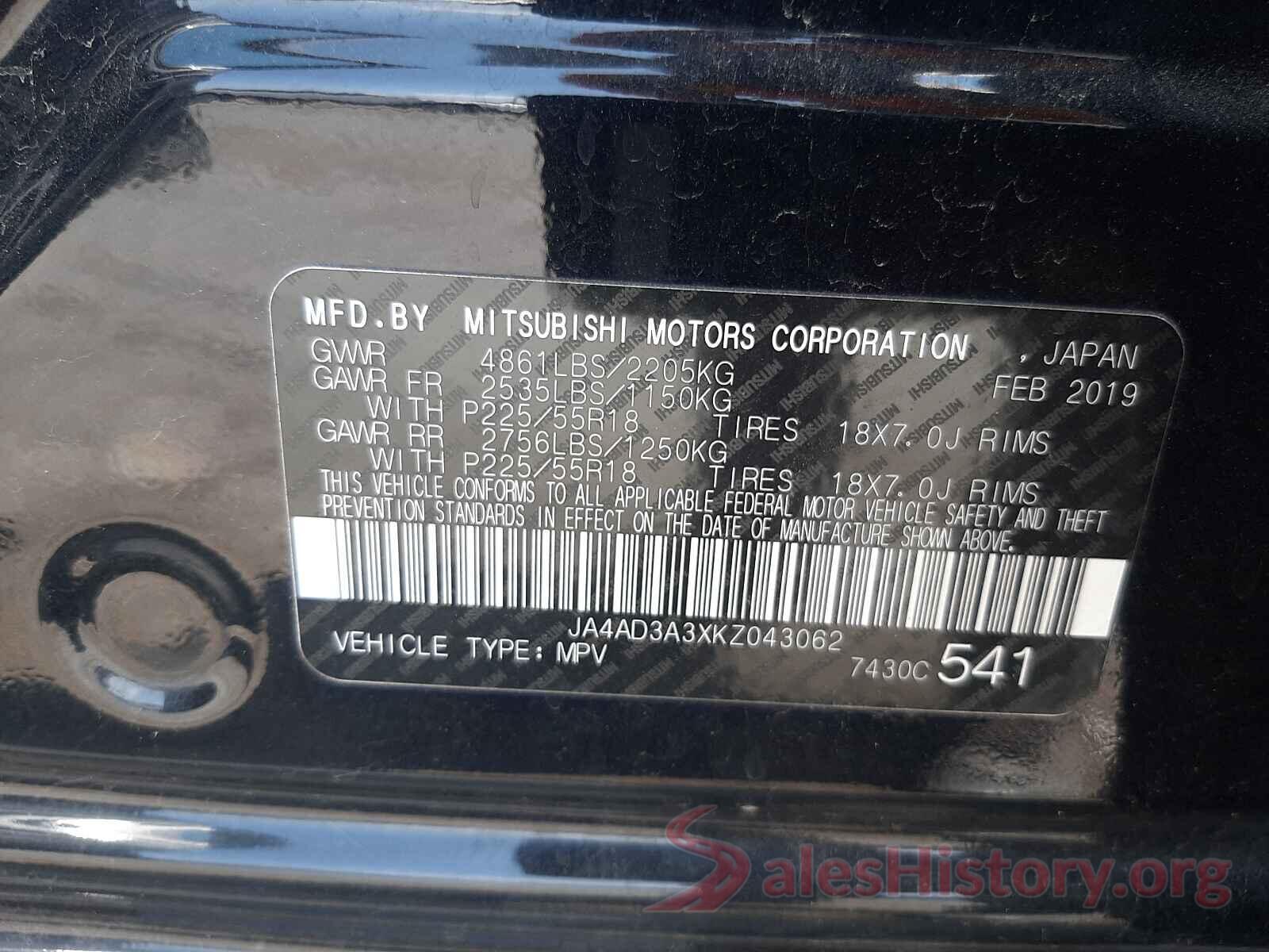 JA4AD3A3XKZ043062 2019 MITSUBISHI OUTLANDER