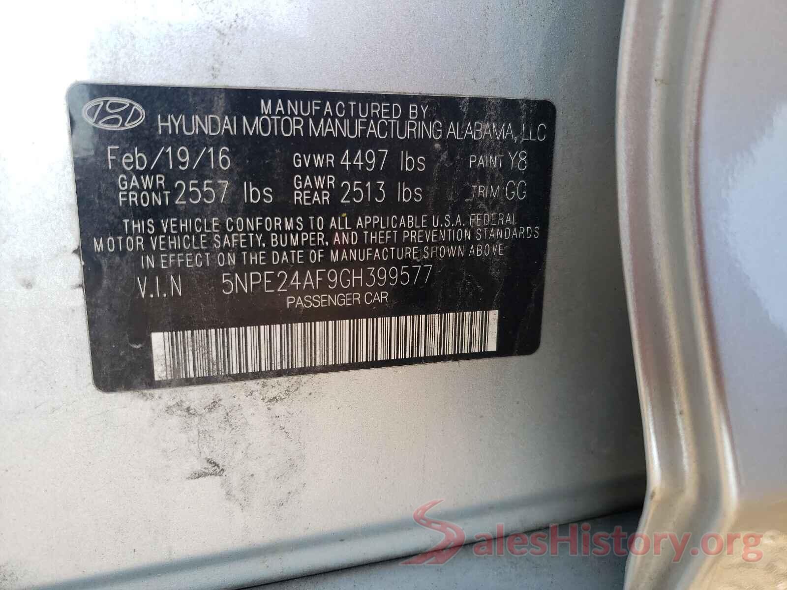 5NPE24AF9GH399577 2016 HYUNDAI SONATA