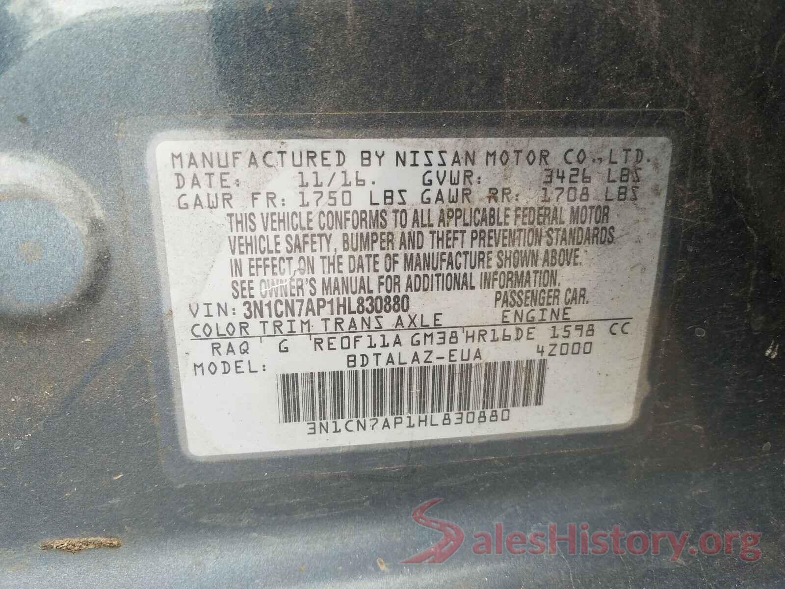 3N1CN7AP1HL830880 2017 NISSAN VERSA