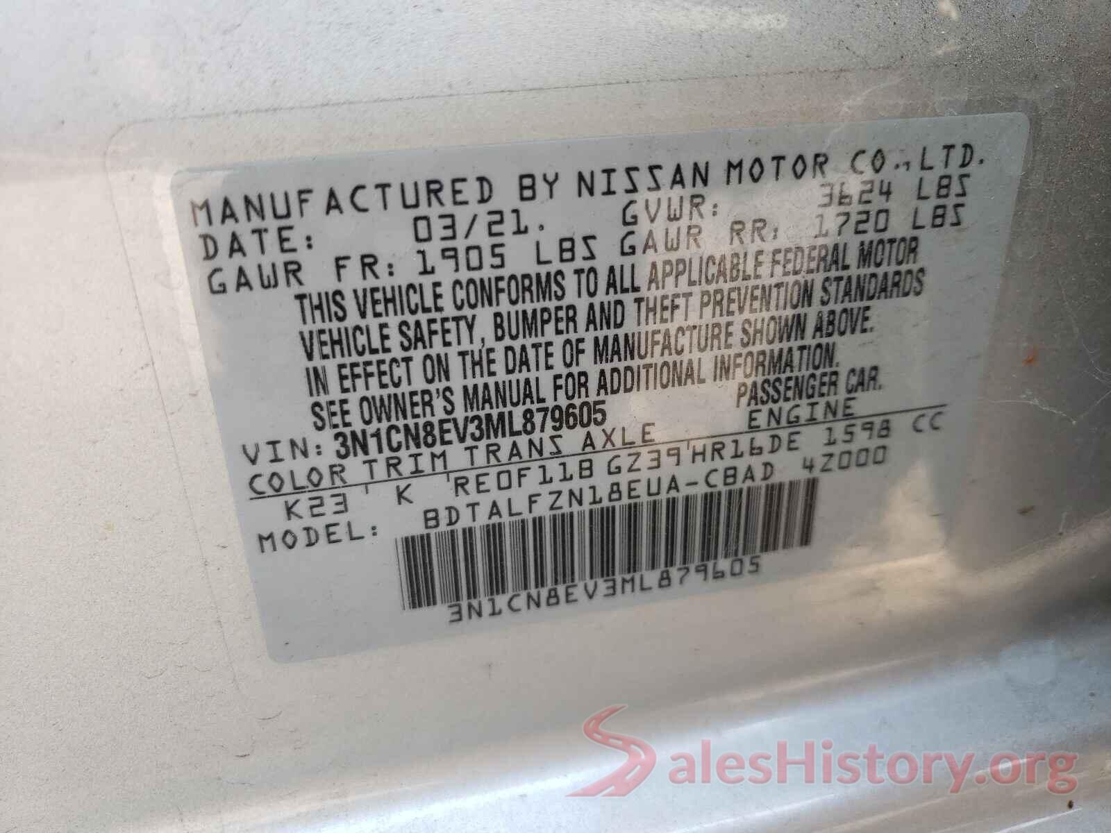 3N1CN8EV3ML879605 2021 NISSAN VERSA